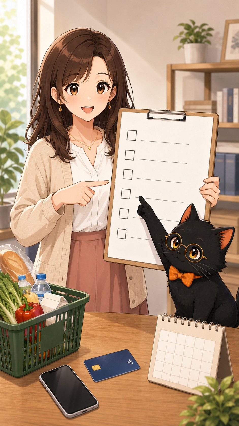 ナビ子とクロタが申し込み前チェックをしている場面