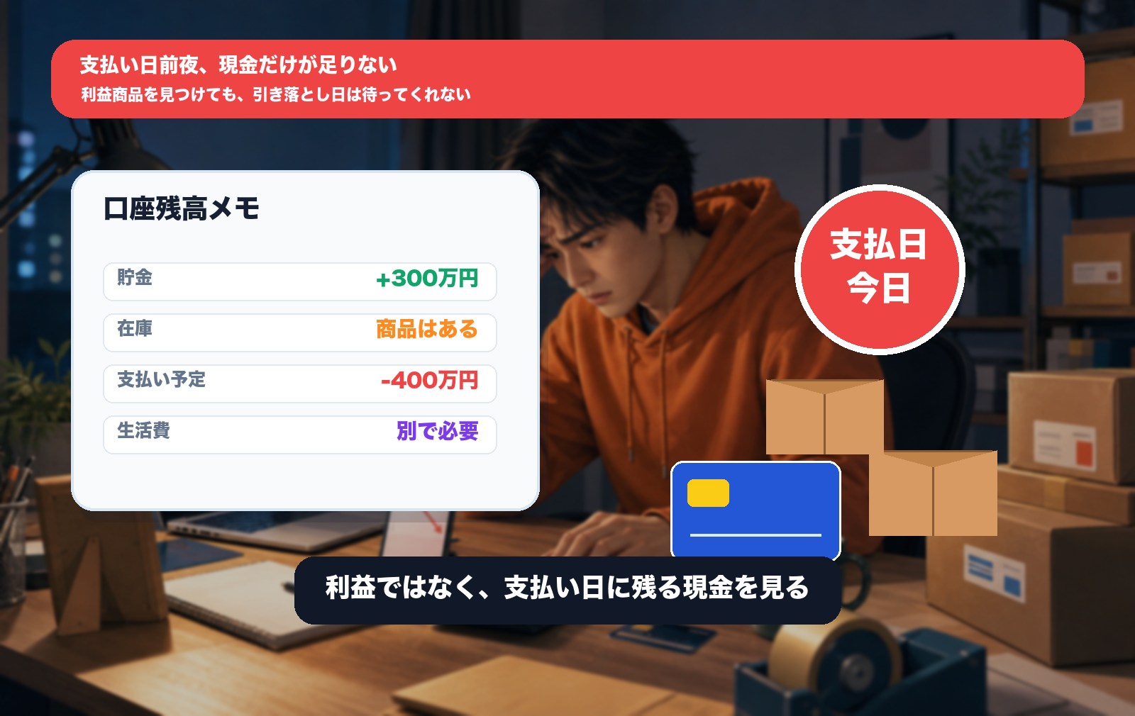 支払い日前夜にカード明細と在庫を見て現金不足に気づく場面