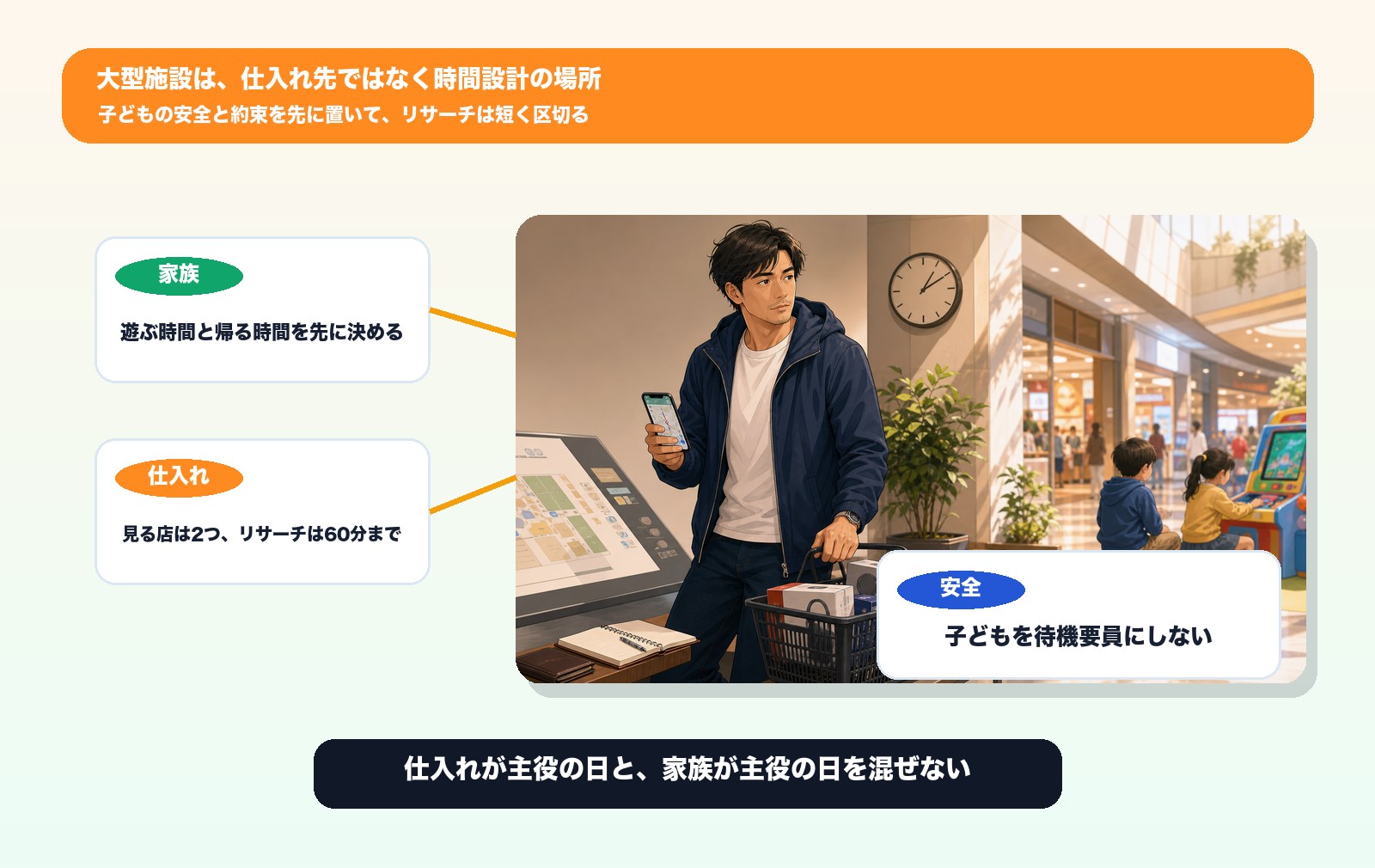 大型施設で子どもとの時間と店舗せどりの時間を分ける場面