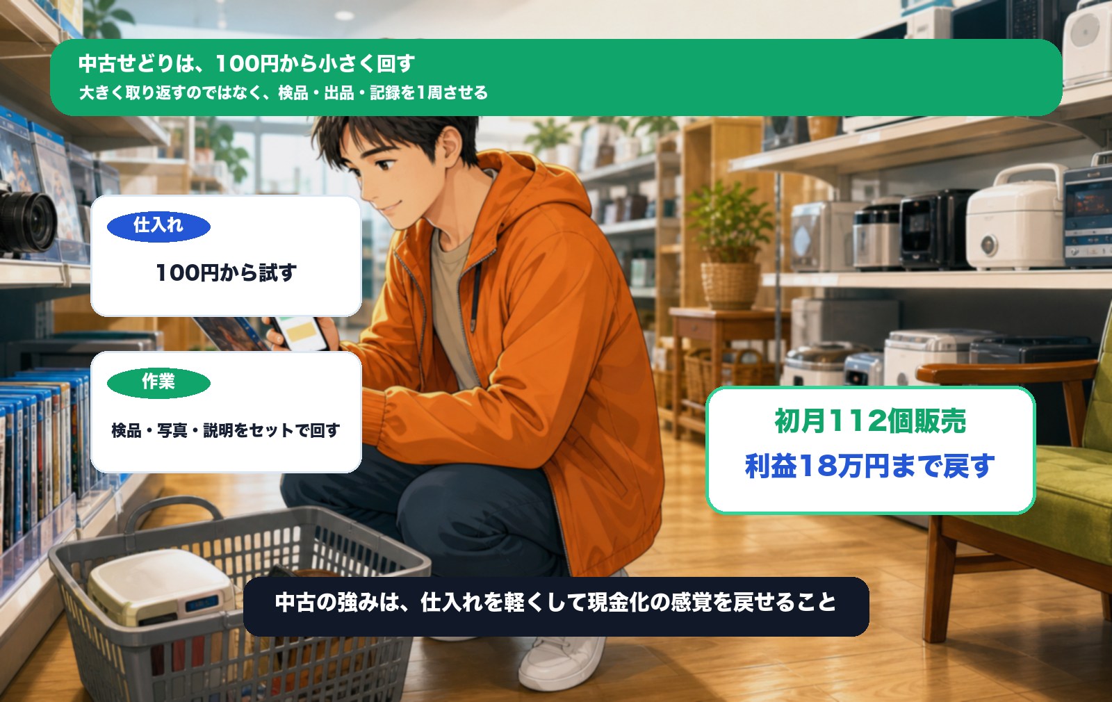 リサイクル店で100円の商品を見つけて中古せどりを再開する場面