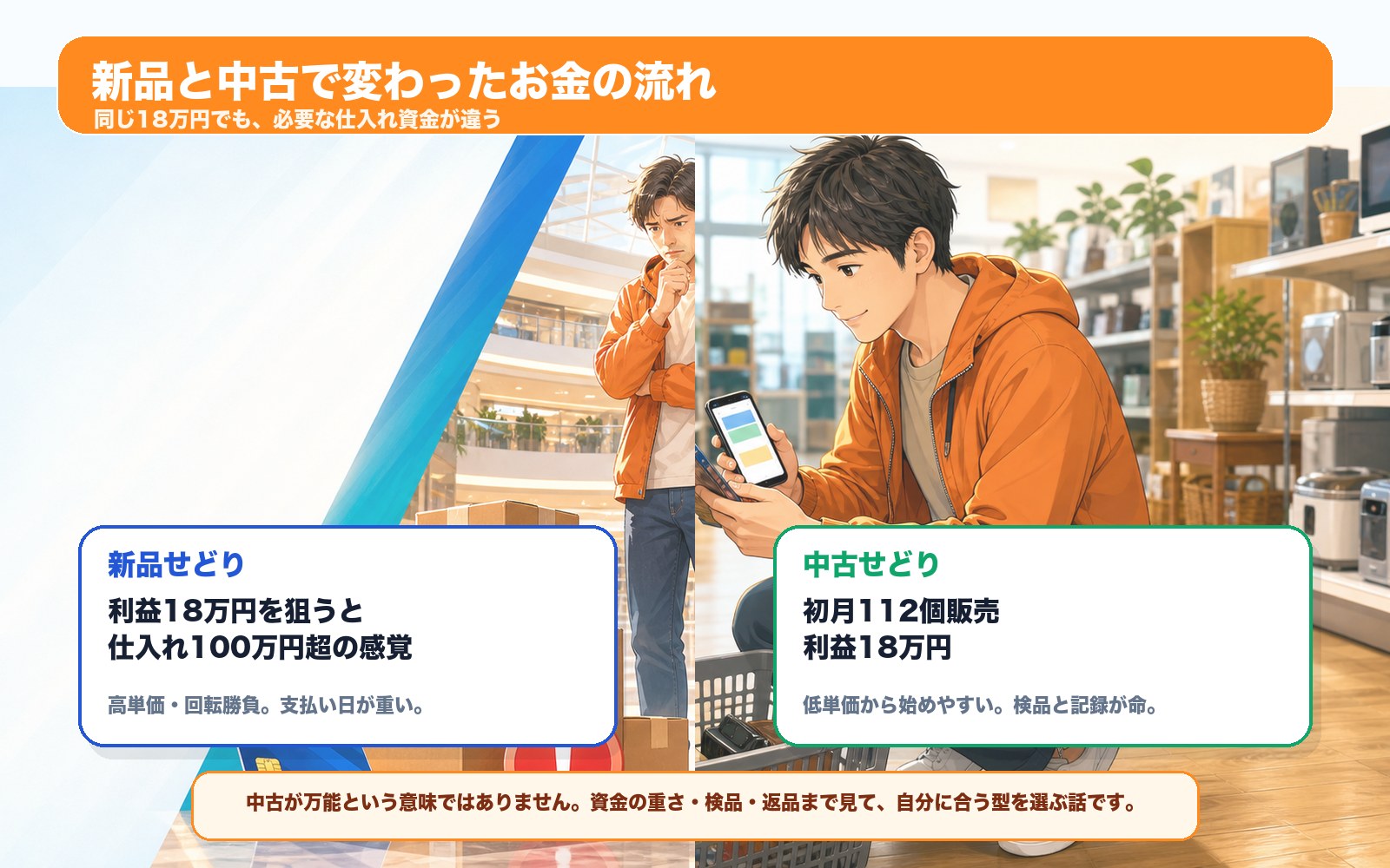 新品せどりと中古せどりのお金の流れ比較
