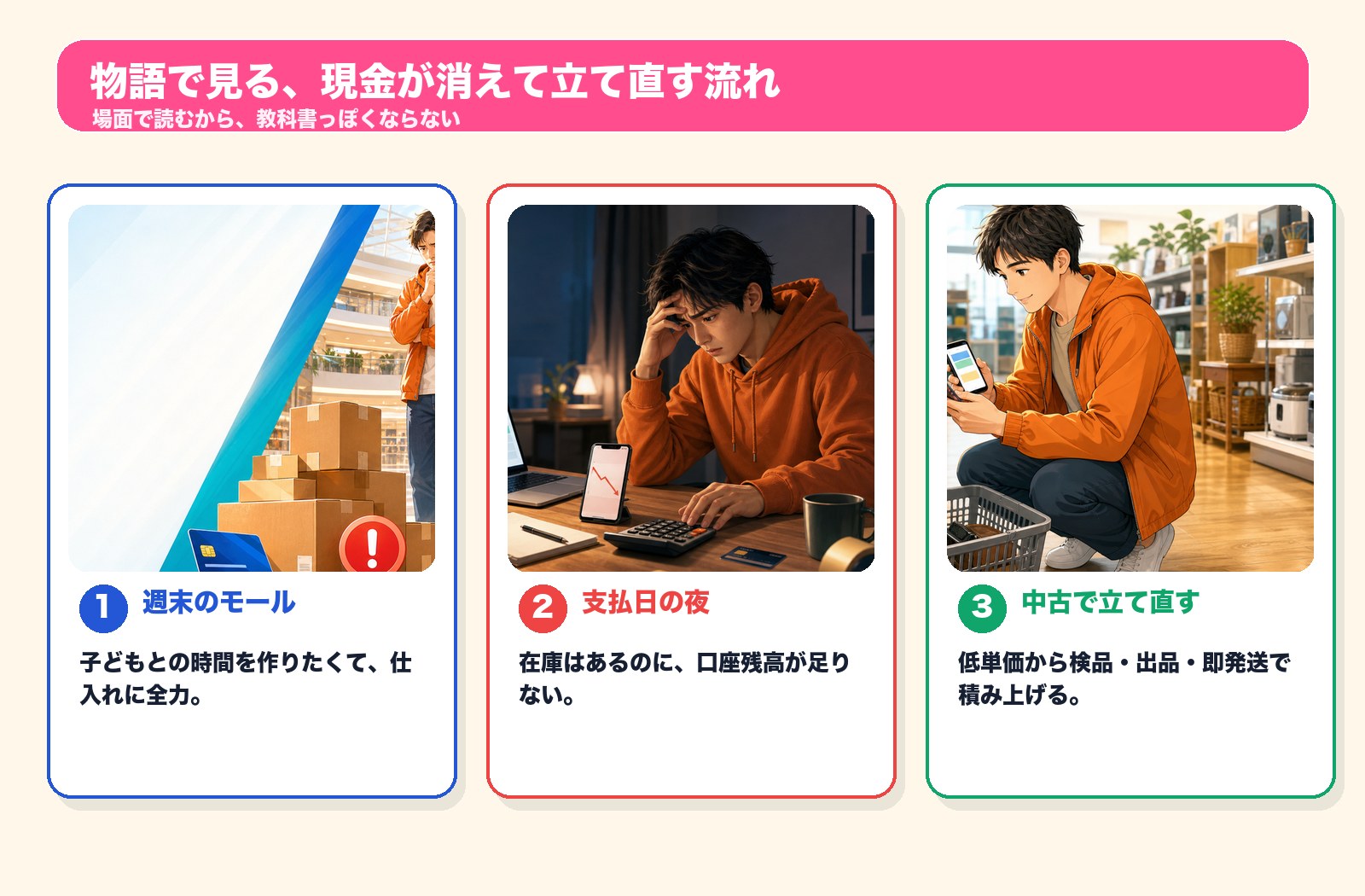 新品せどりの資金繰り失敗を3場面で整理した画像