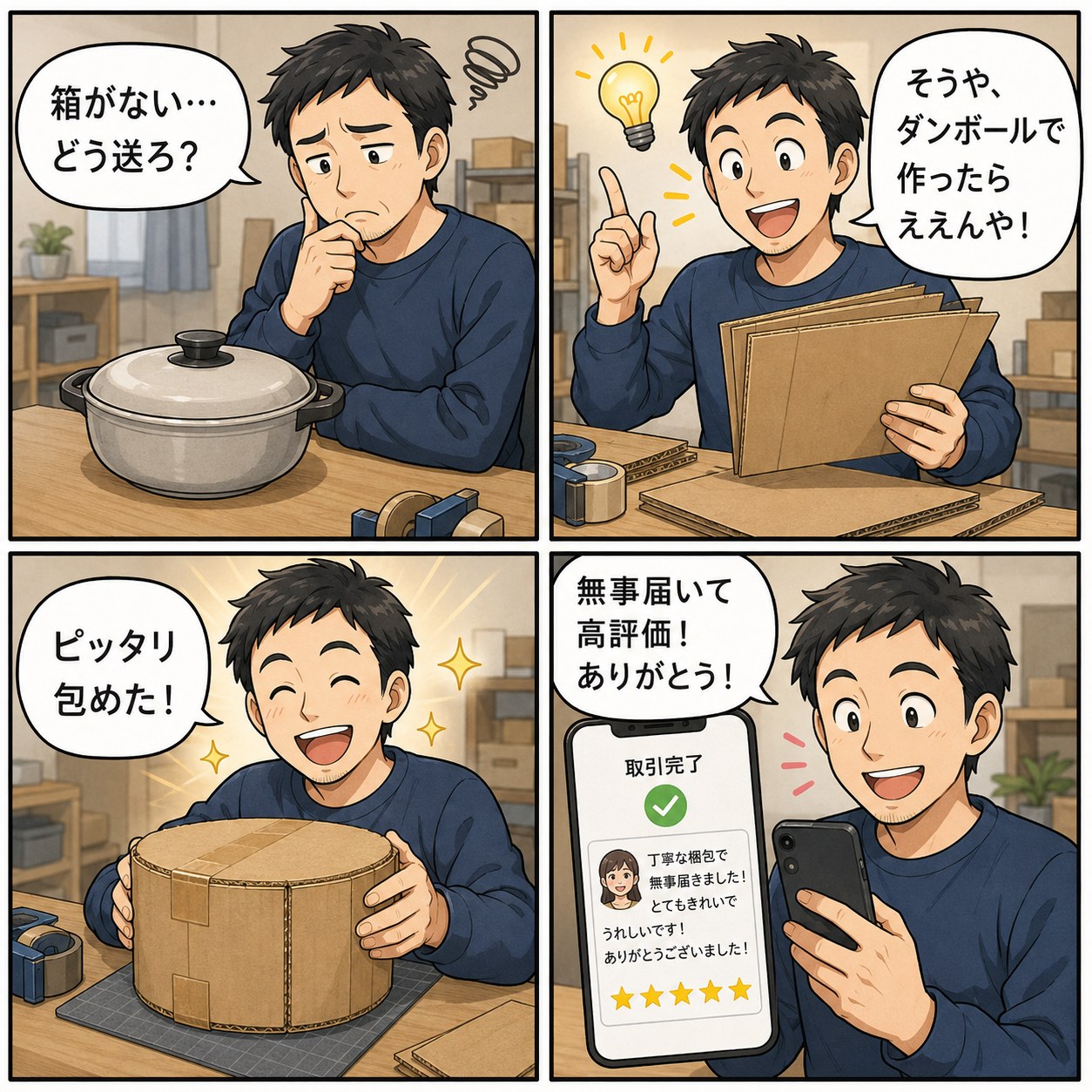 箱なし商品の梱包あるある4コマ漫画（箱がない→ダンボールで作る→ピッタリ包めた→高評価）