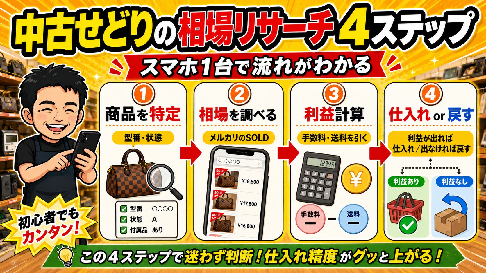 中古せどりの相場リサーチ4ステップの図解（商品特定→相場→利益計算→仕入れ判断）