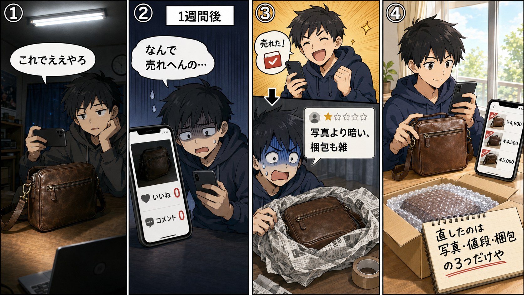 暗い写真・適当な値段・新聞紙だけで出して失敗した最初の出品の4コマ漫画