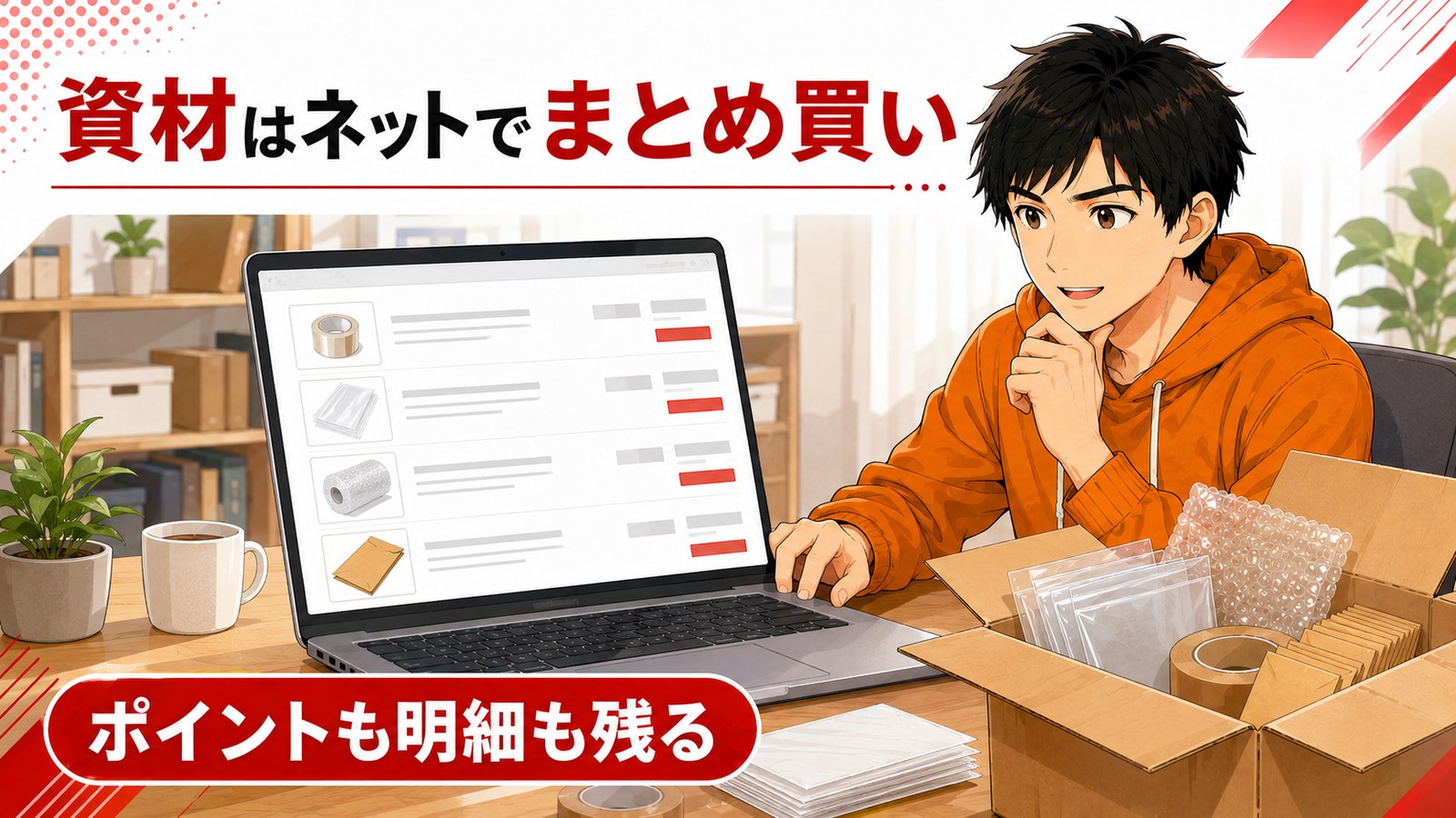 梱包資材をネットでまとめ買いする場面の図解