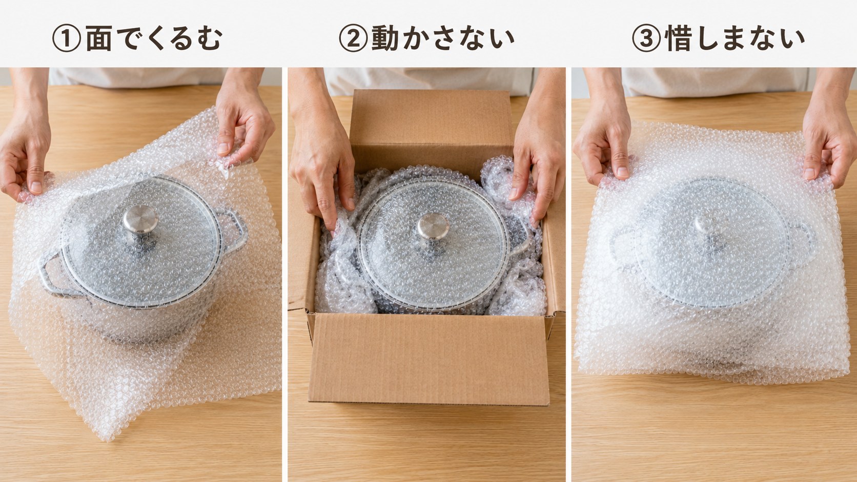 中古せどりの梱包の基本3ステップの図解（面でくるむ・動かさない・惜しまない）