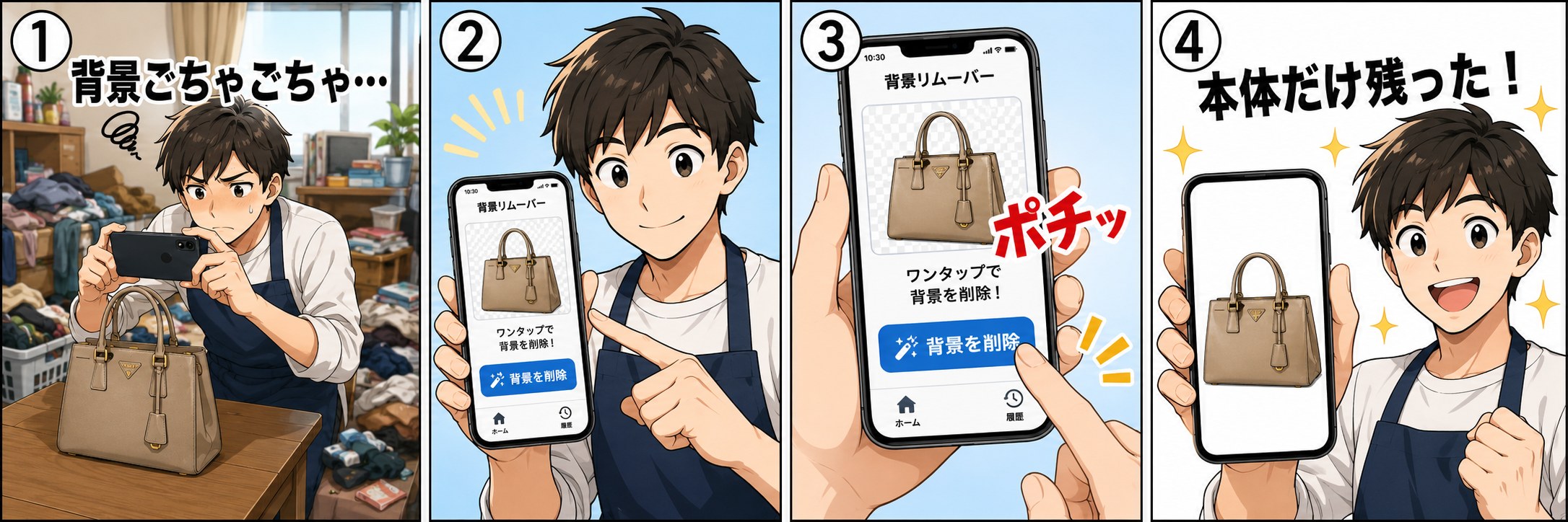 PhotoRoomで背景を白抜きする流れの4コマ漫画
