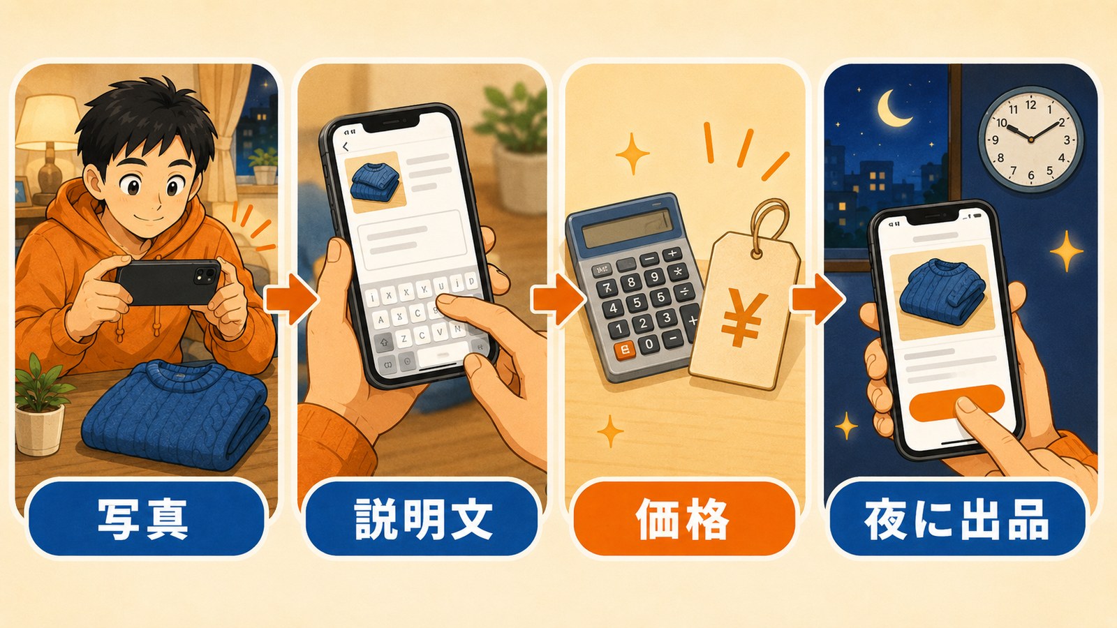 メルカリ出品の4ステップ（写真・説明文・価格・時間）の図解