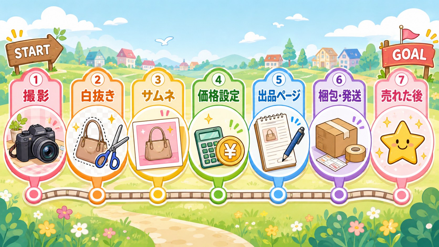 メルカリ出品の全工程シリーズの地図。撮影から売れた後までの一本道