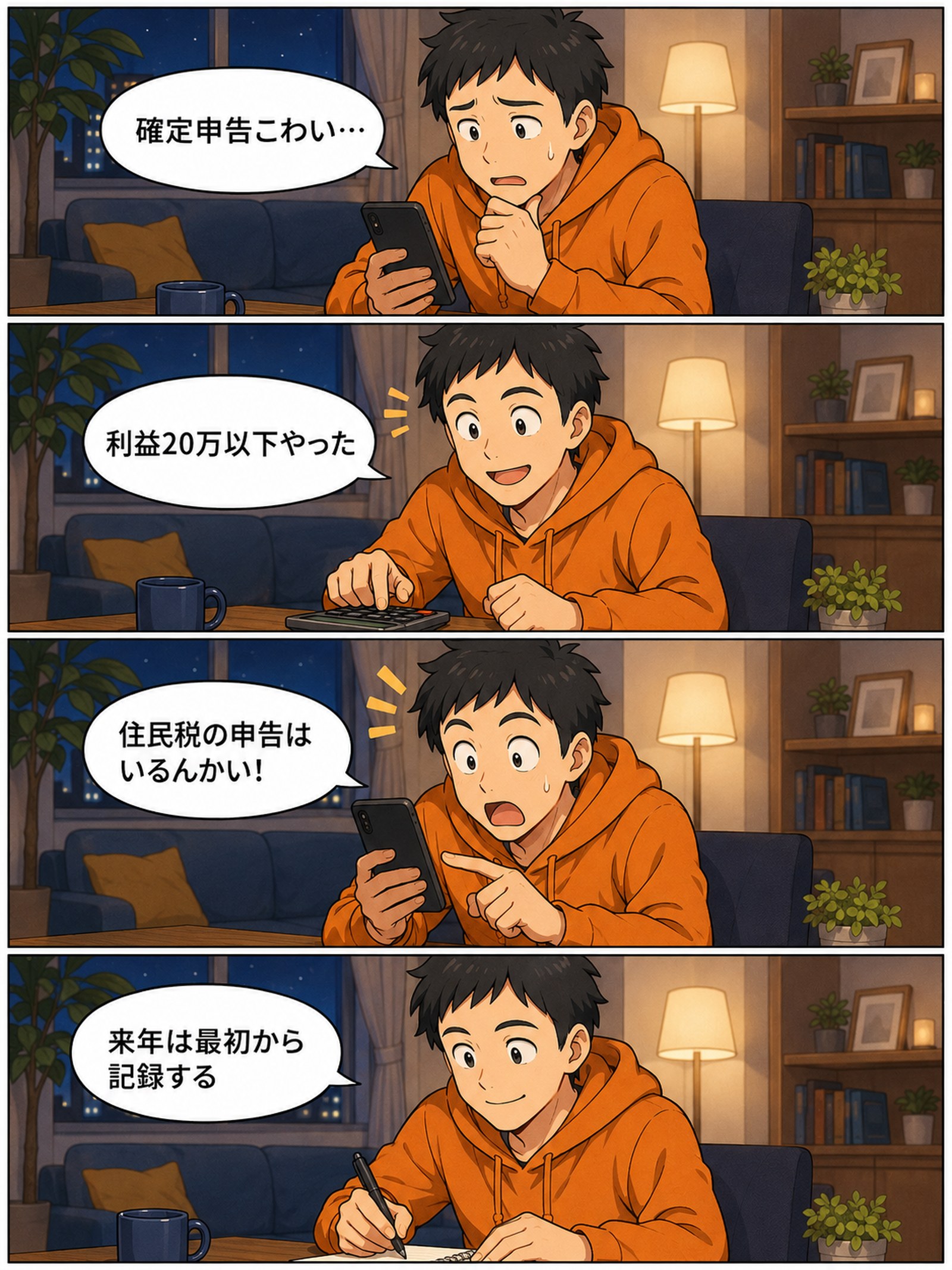 副業の確定申告あるあるの4コマ漫画