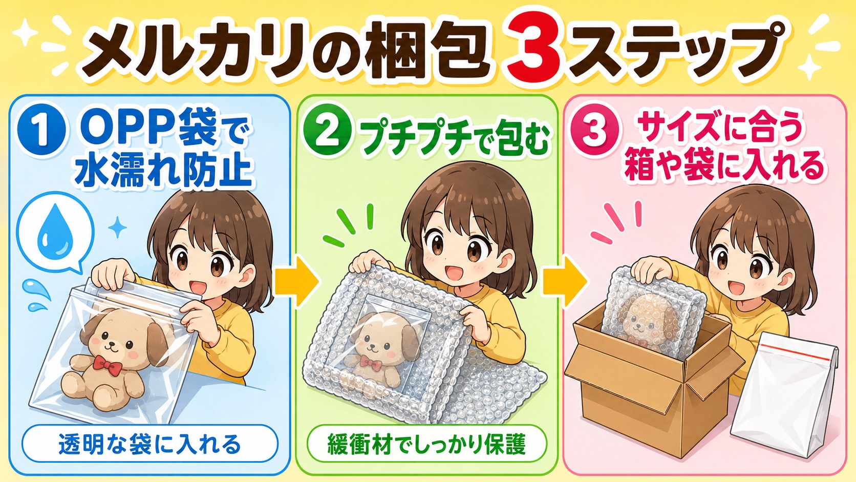 メルカリ梱包3ステップの図解