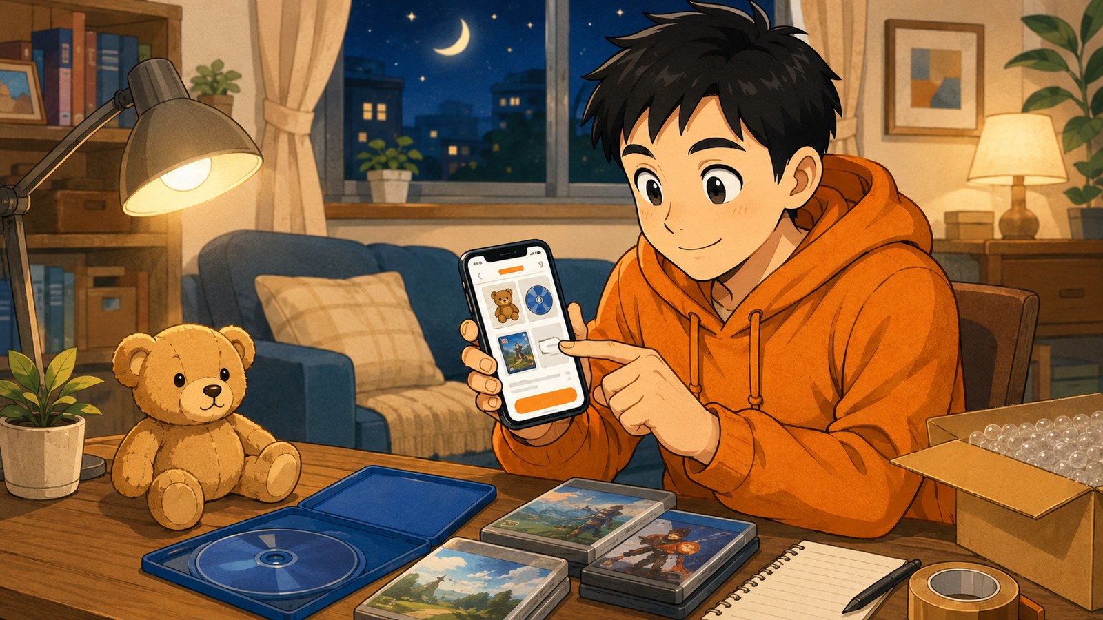 夜のリビングでスマホからメルカリに出品している場面