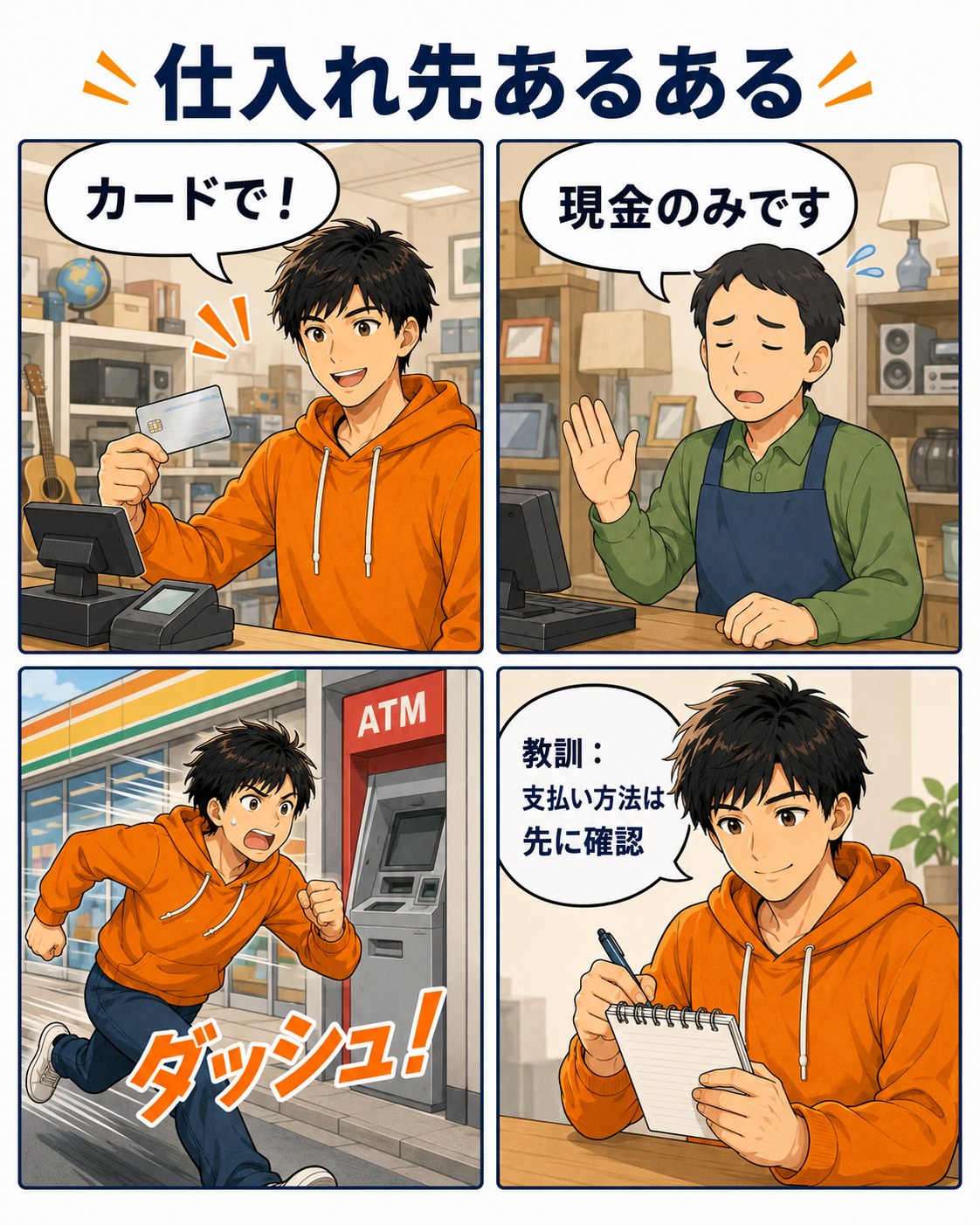 仕入れ先で現金のみと言われるあるあるの4コマ漫画