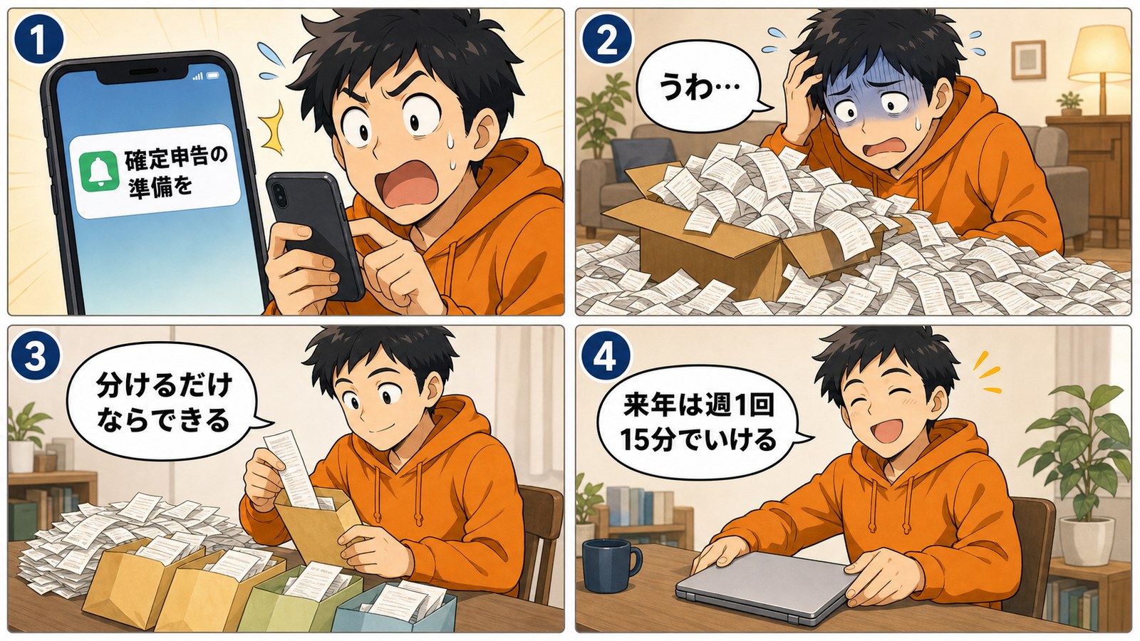 確定申告のレシートの山を月別に分けて片づける4コマ漫画