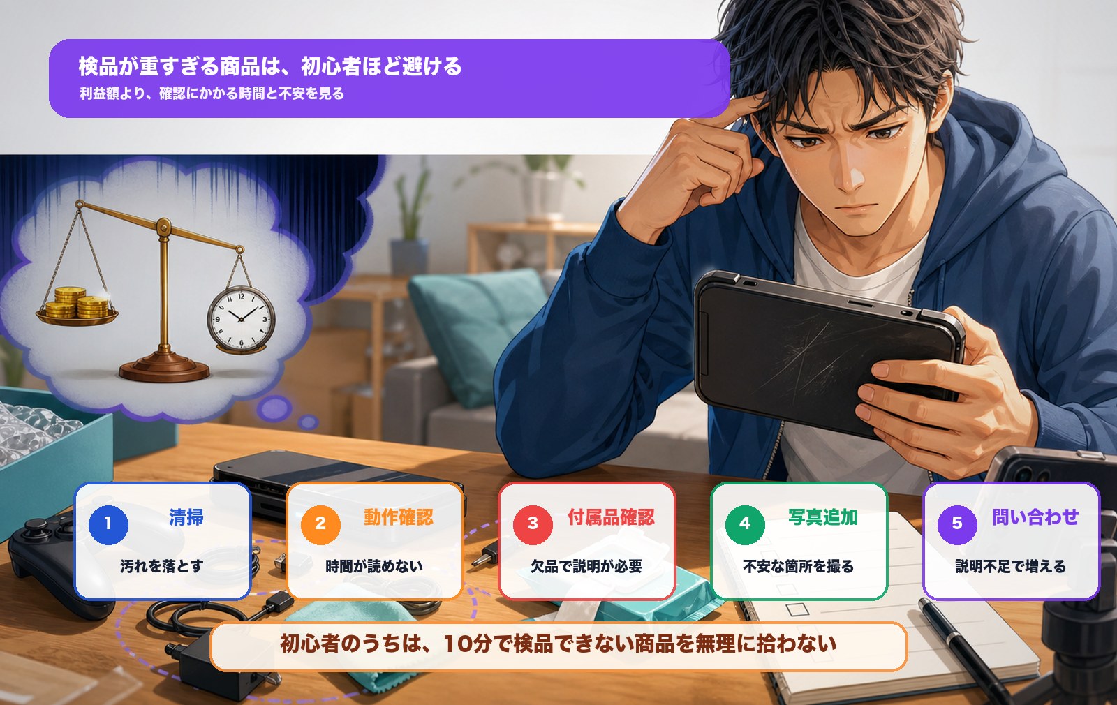 中古せどりで検品が重い商品を避ける図解