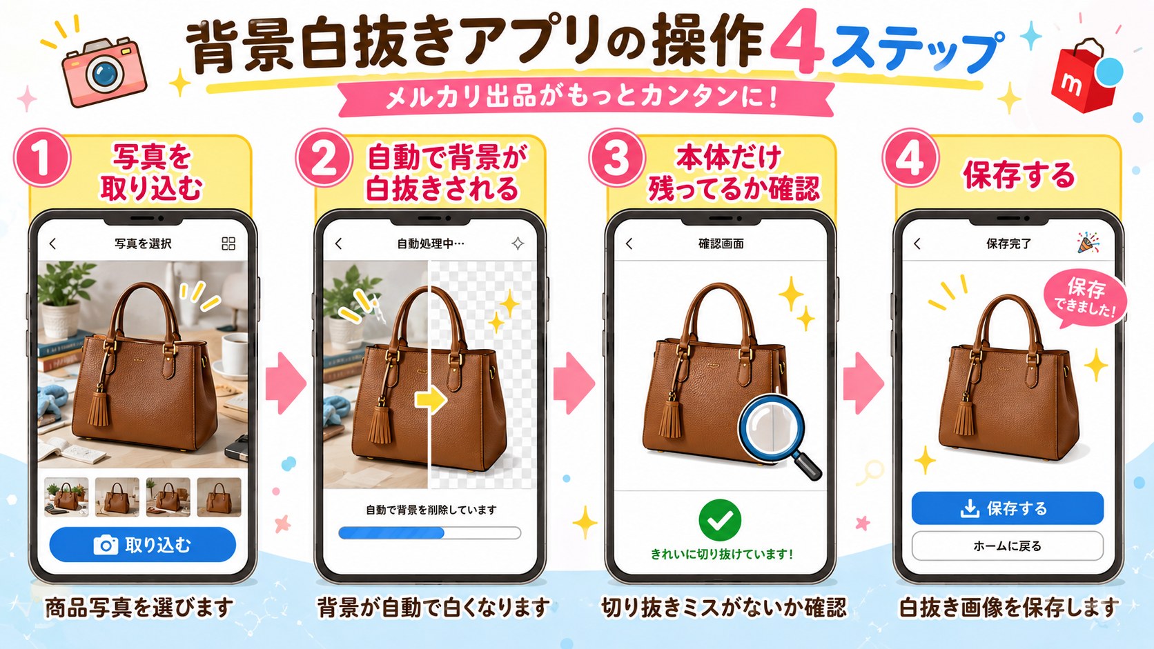 PhotoRoom白抜きの操作4ステップ図解