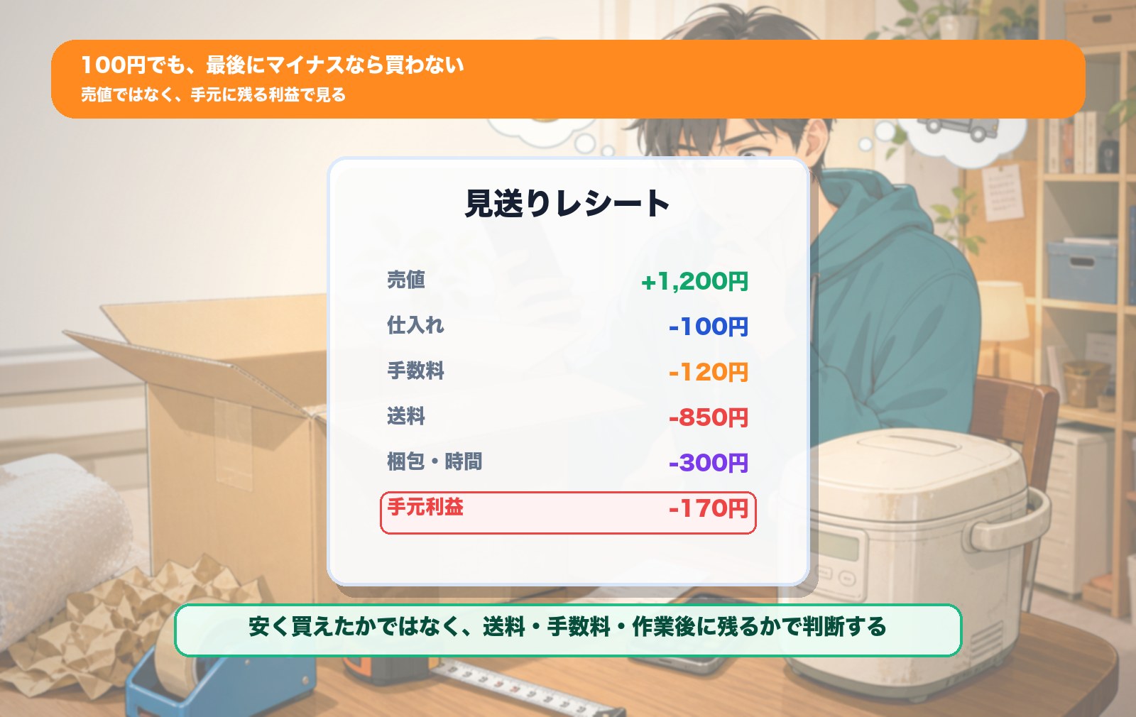 中古せどりで100円商品でも赤字になるレシート風図解