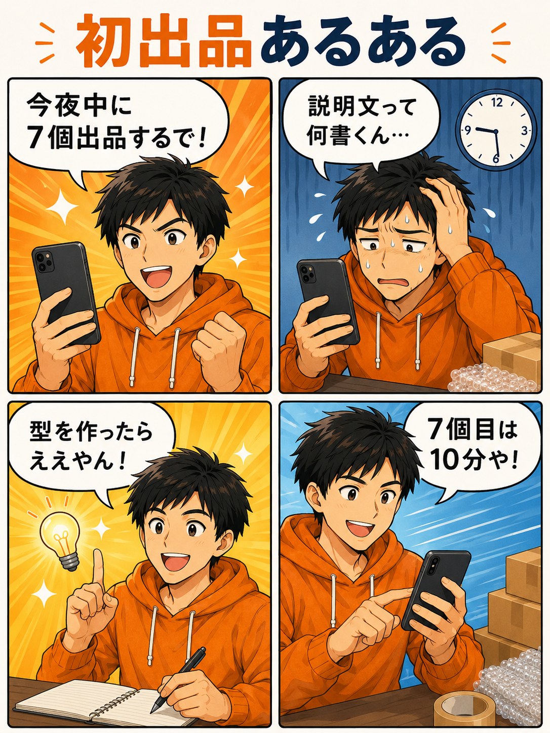 初めての出品あるあるの4コマ漫画