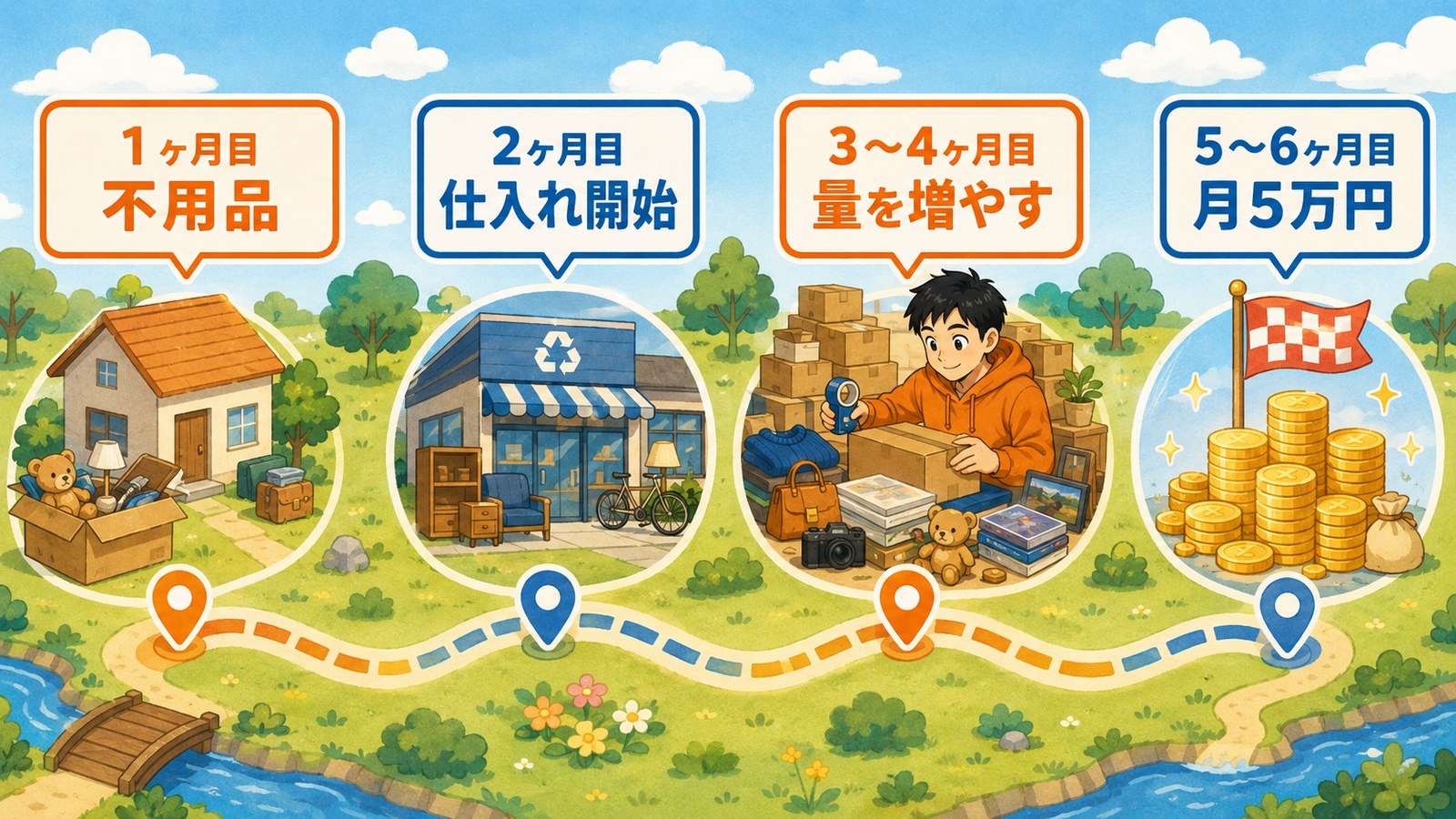 メルカリで月5万円までの月別ロードマップの図解