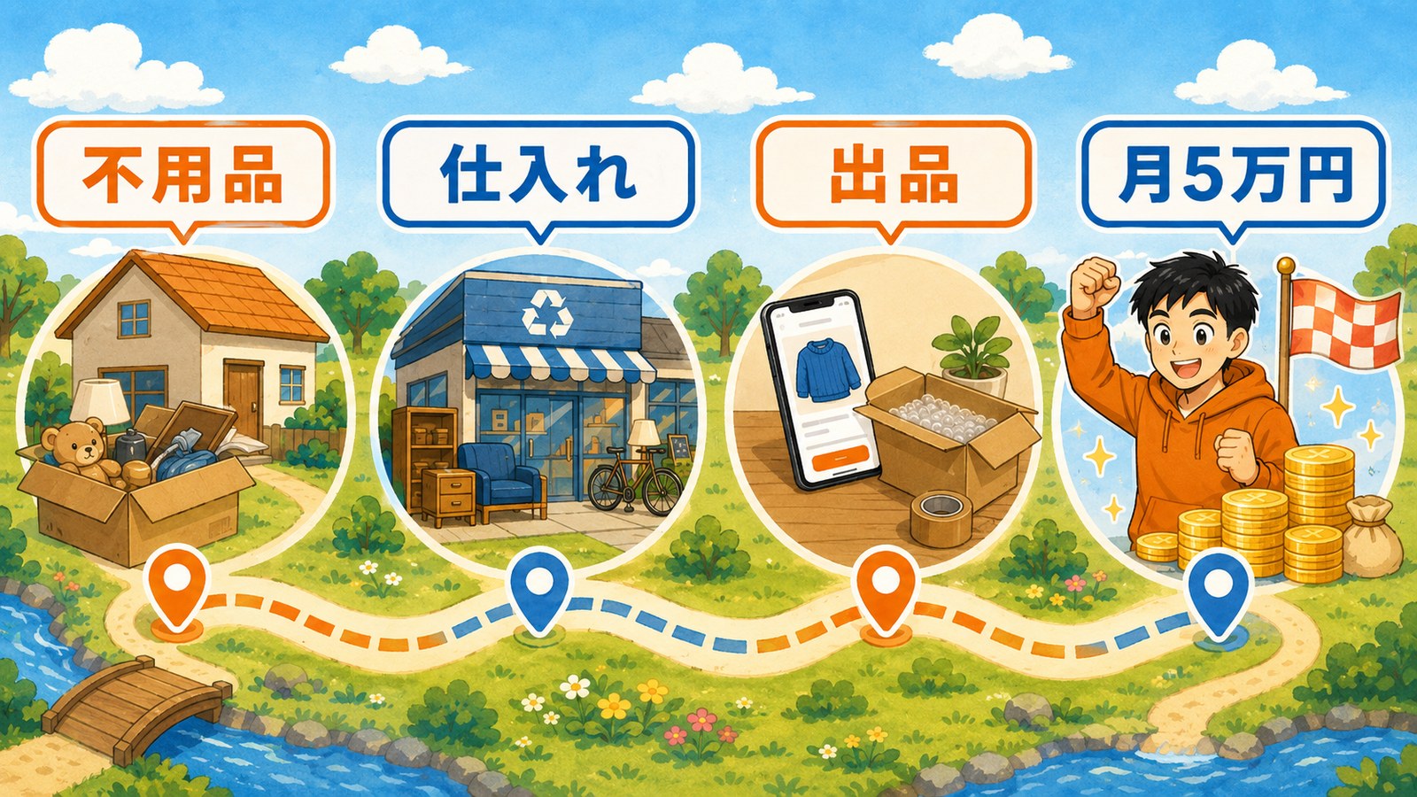 不用品販売から仕入れ、月5万円までのステップ地図