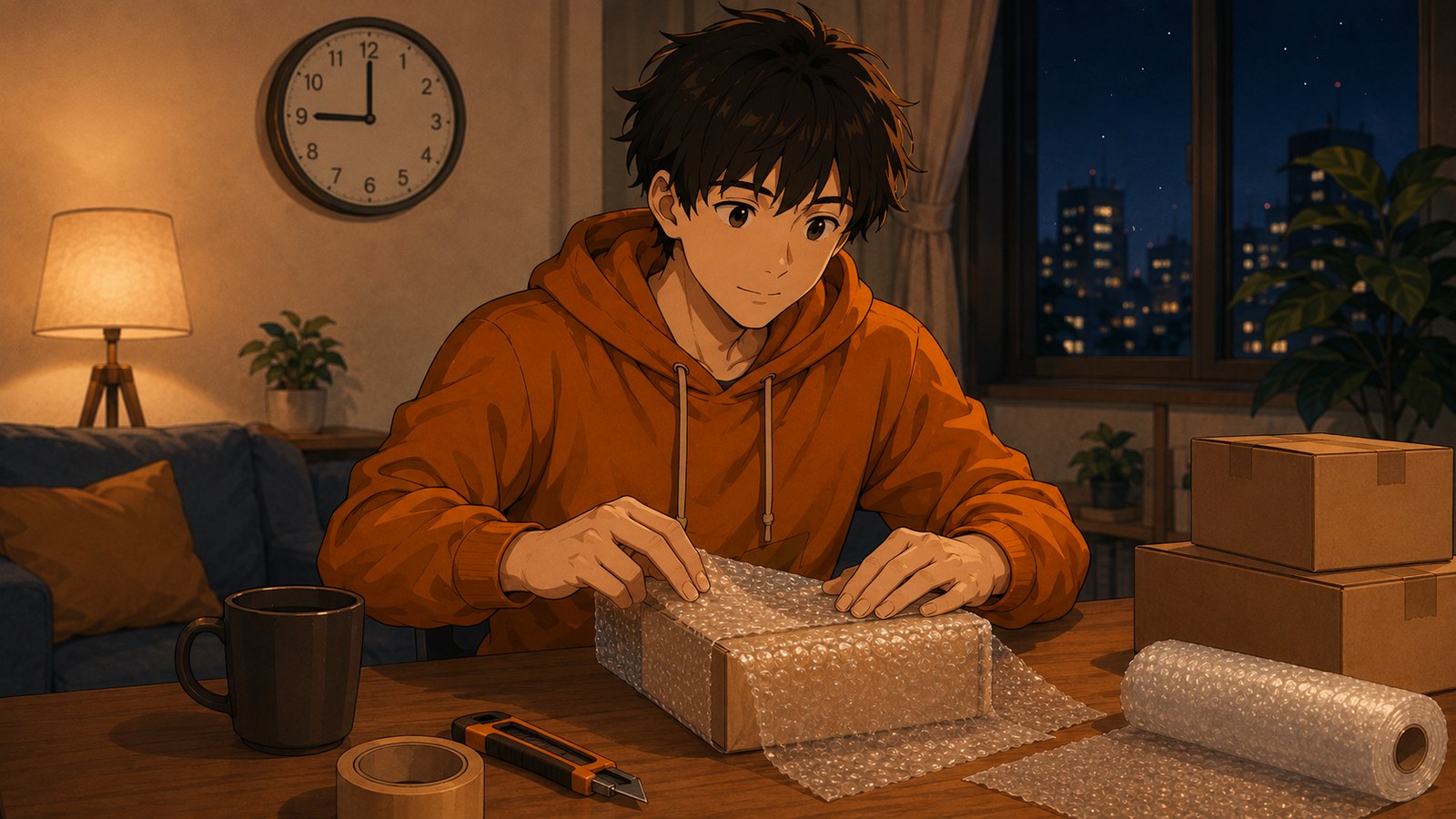 夜のリビングで副業の作業をする場面