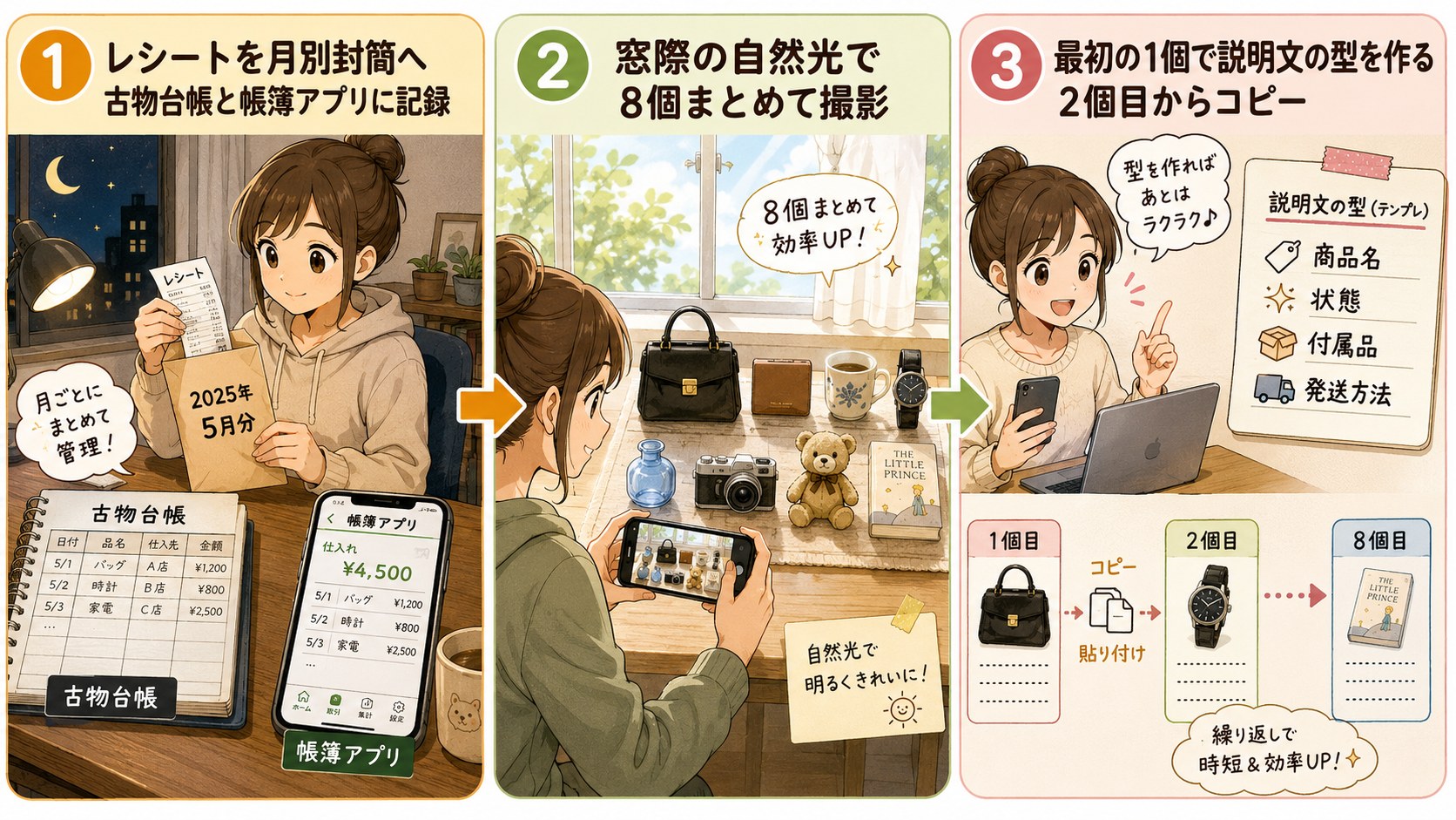 仕入れ初日の夜にやった記録・撮影・出品の3ステップの図解
