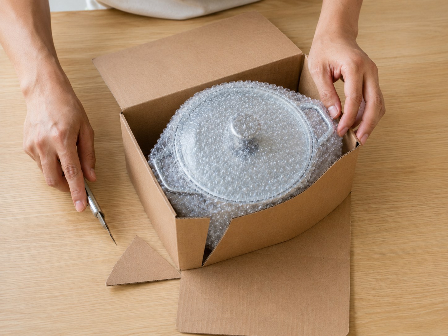 ダンボールを両側から折って鍋を包み、角の余りをカットして整えているところ