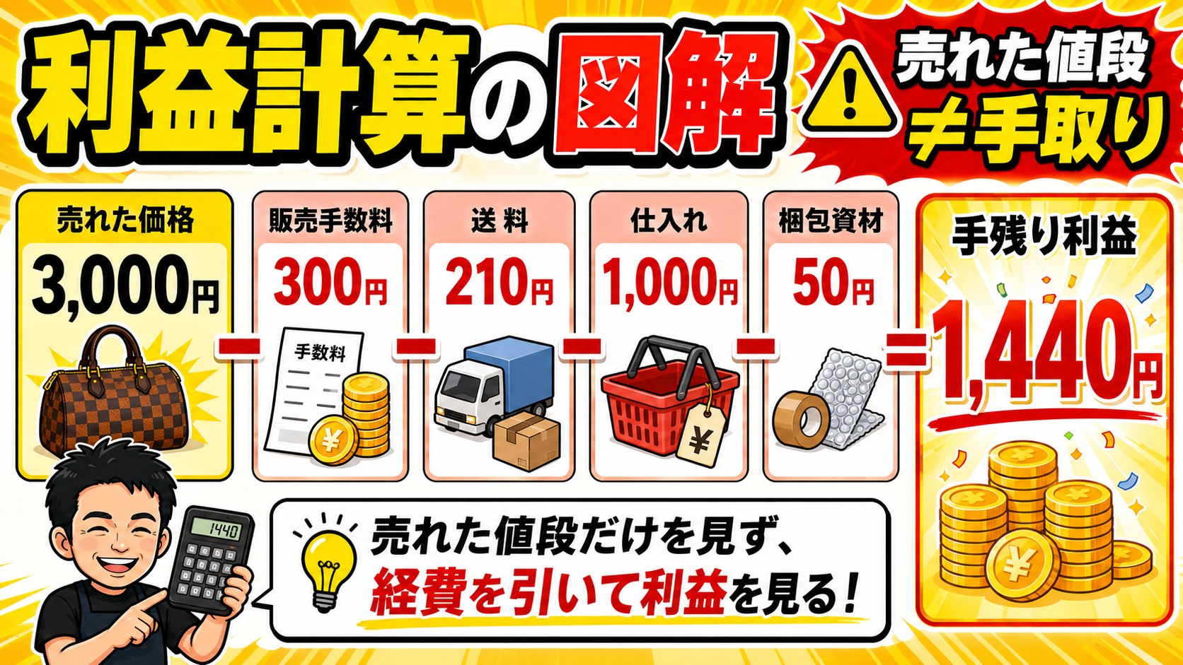 中古せどりの利益計算の図解（売れた値段≠手取り。相場3000円から経費を引いて手残り1440円）