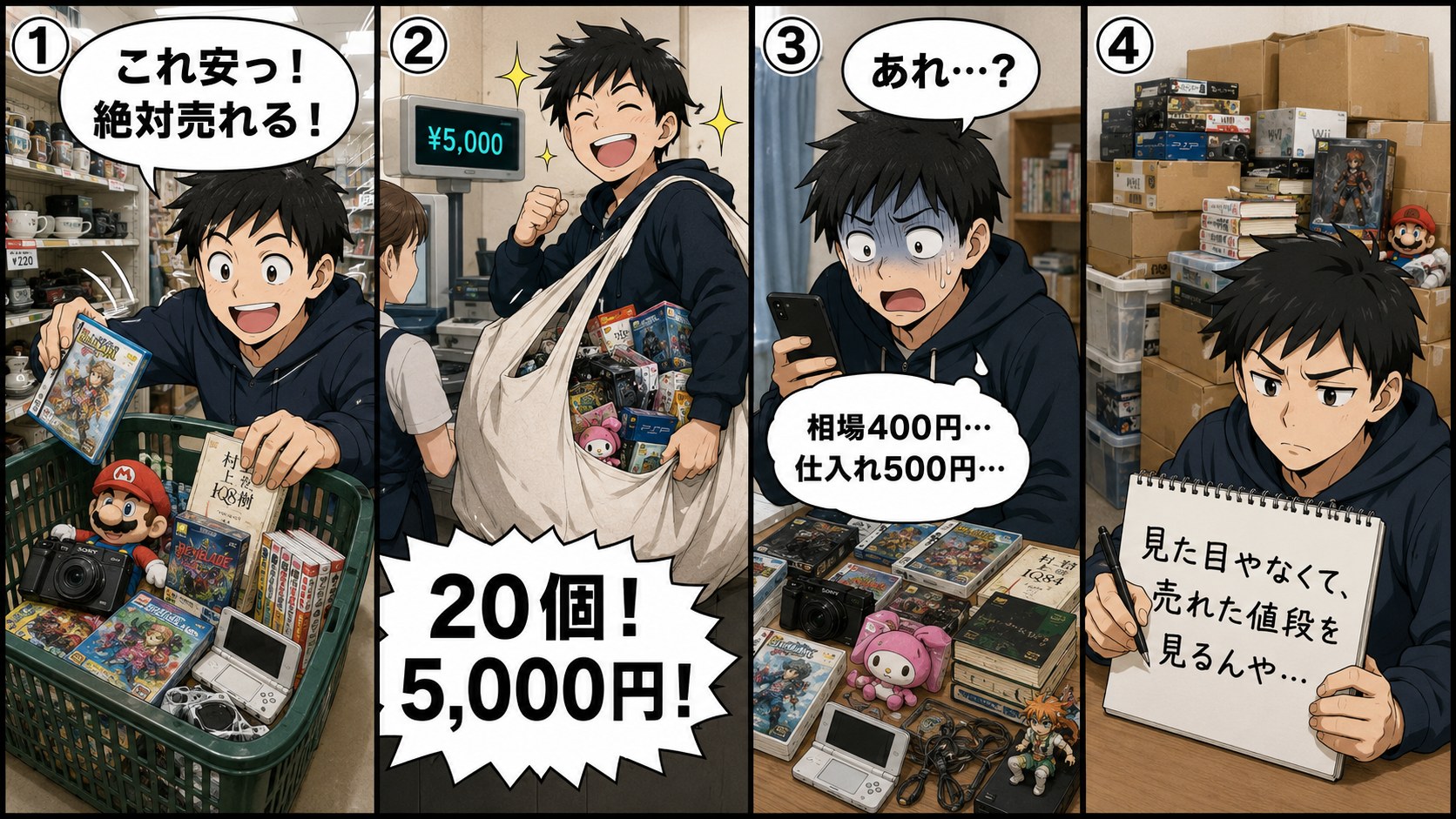 相場を見ずに買って在庫が固まった失敗4コマ漫画