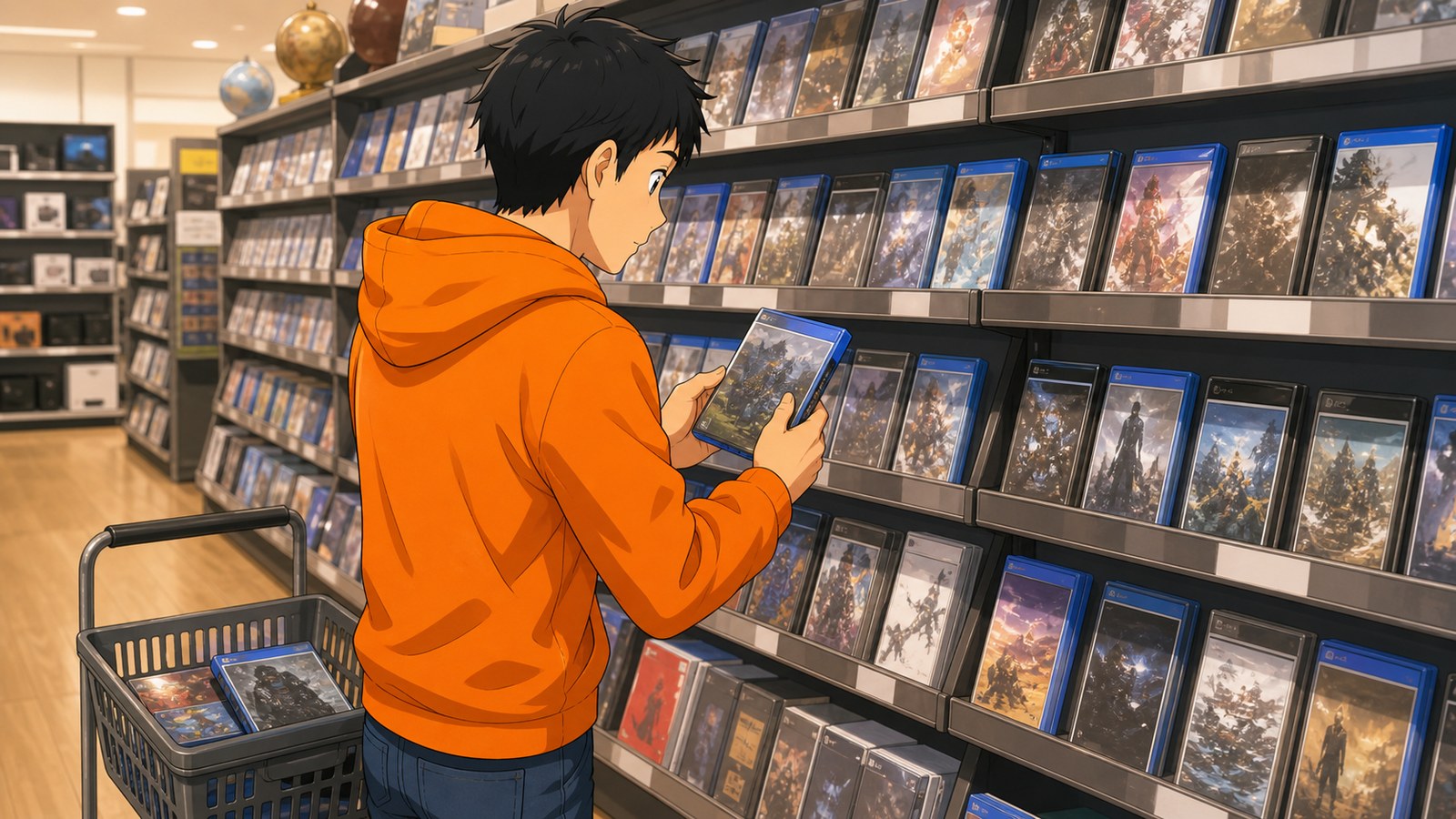 リサイクルショップのメディアコーナーで商品を見る場面