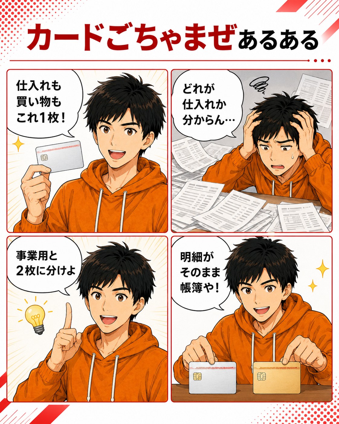 カードを私用と事業用で分けるあるあるの4コマ漫画