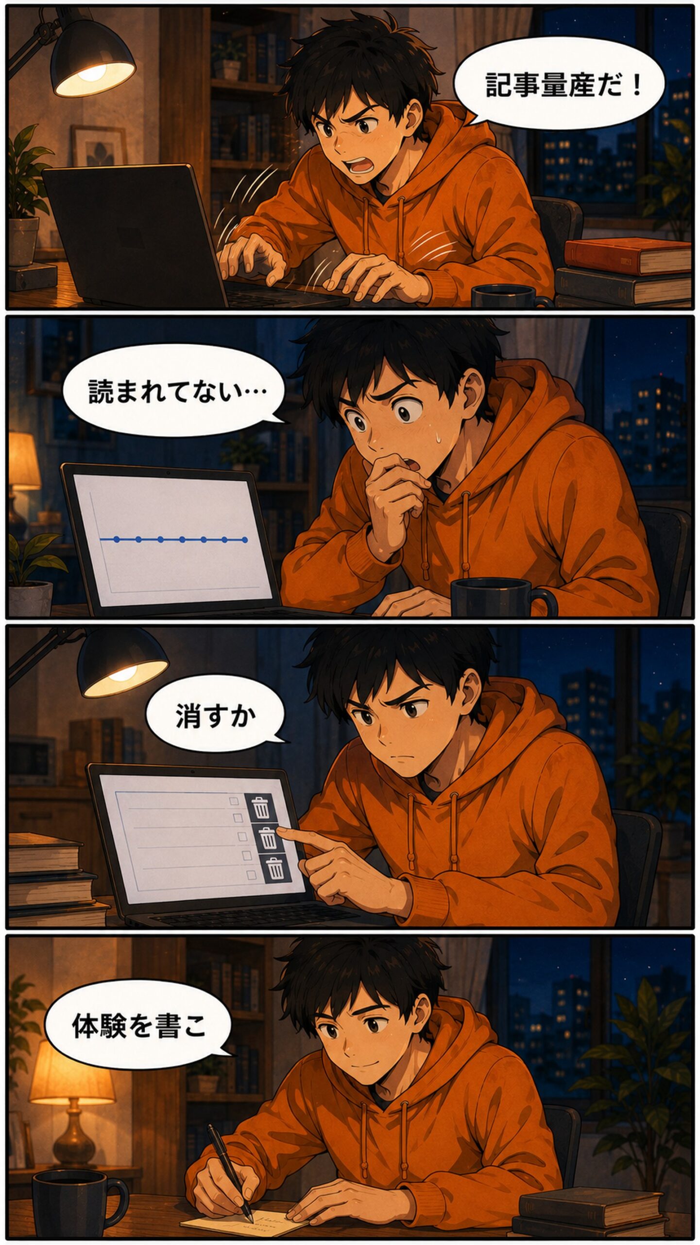 ブログ量産失敗の4コマ漫画