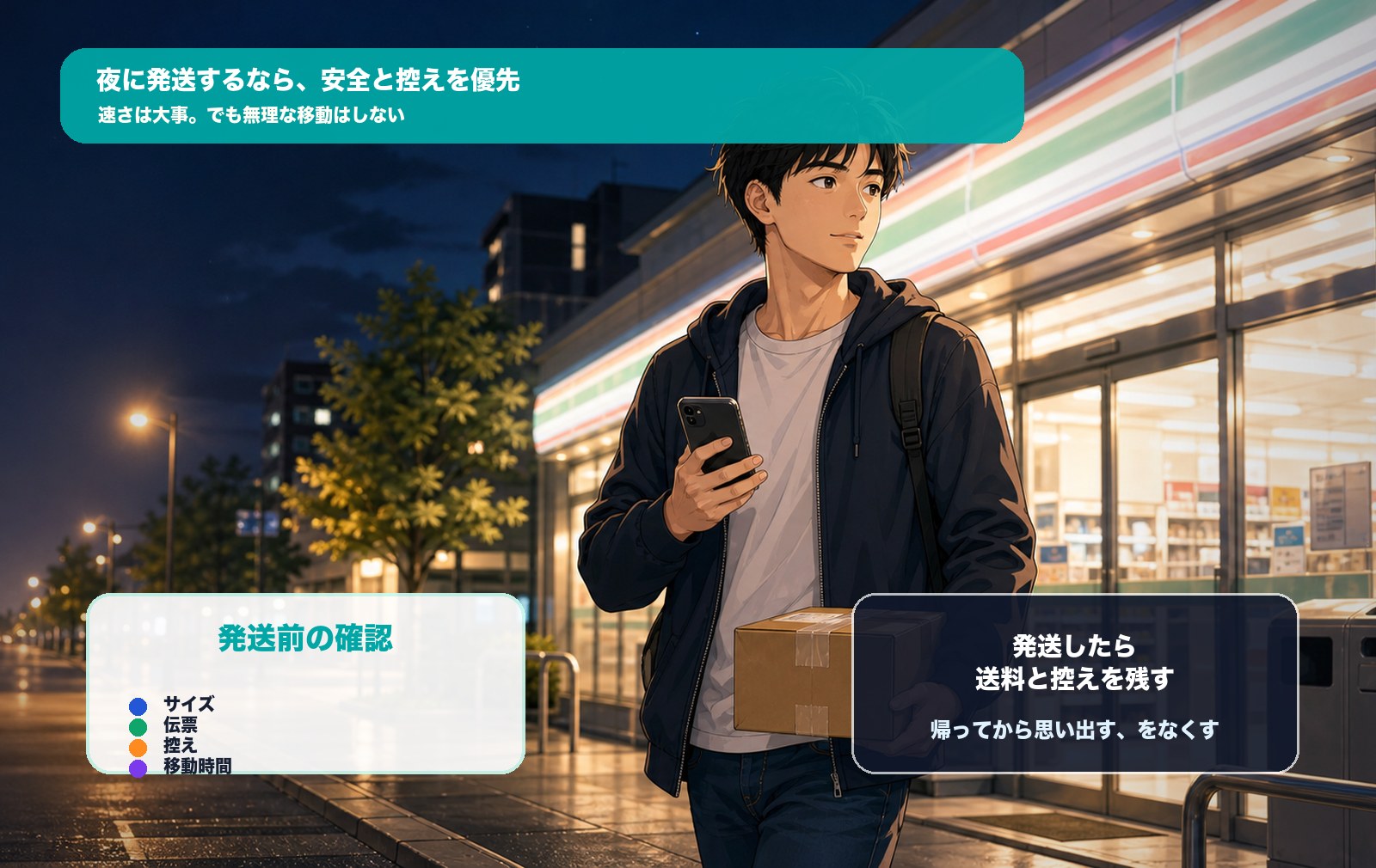 中古せどりで夜にコンビニ発送へ向かう場面
