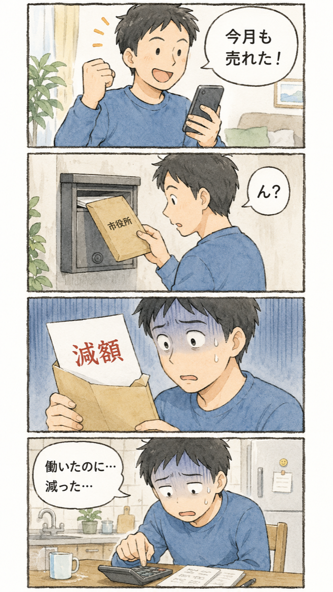 4コマ漫画:①売上が伸びてガッツポーズする男性 ②市役所からの茶封筒 ③「減額」の文字に凍りつく ④電卓を叩いて呆然とする