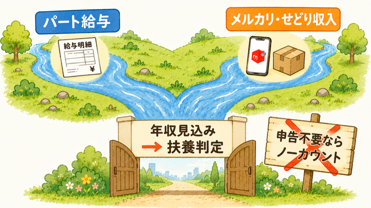 パート給与とメルカリ収入が合流して「年収見込み」になる図解。20万円ルールの誤解に×印