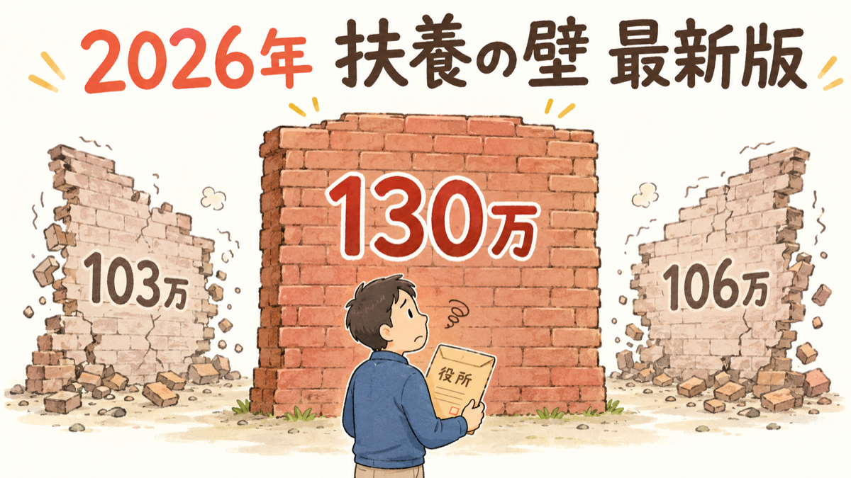 「103万」「106万」と書かれた古い壁が崩れ、「130万」の壁だけが残る図解と、通知書を持って立ち尽くす男性のアイキャッチ