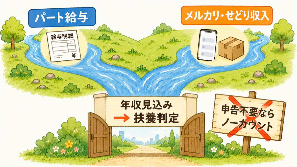 パート給与とメルカリ収入が合流して「年収見込み」になる図解。20万円ルールの誤解に×印