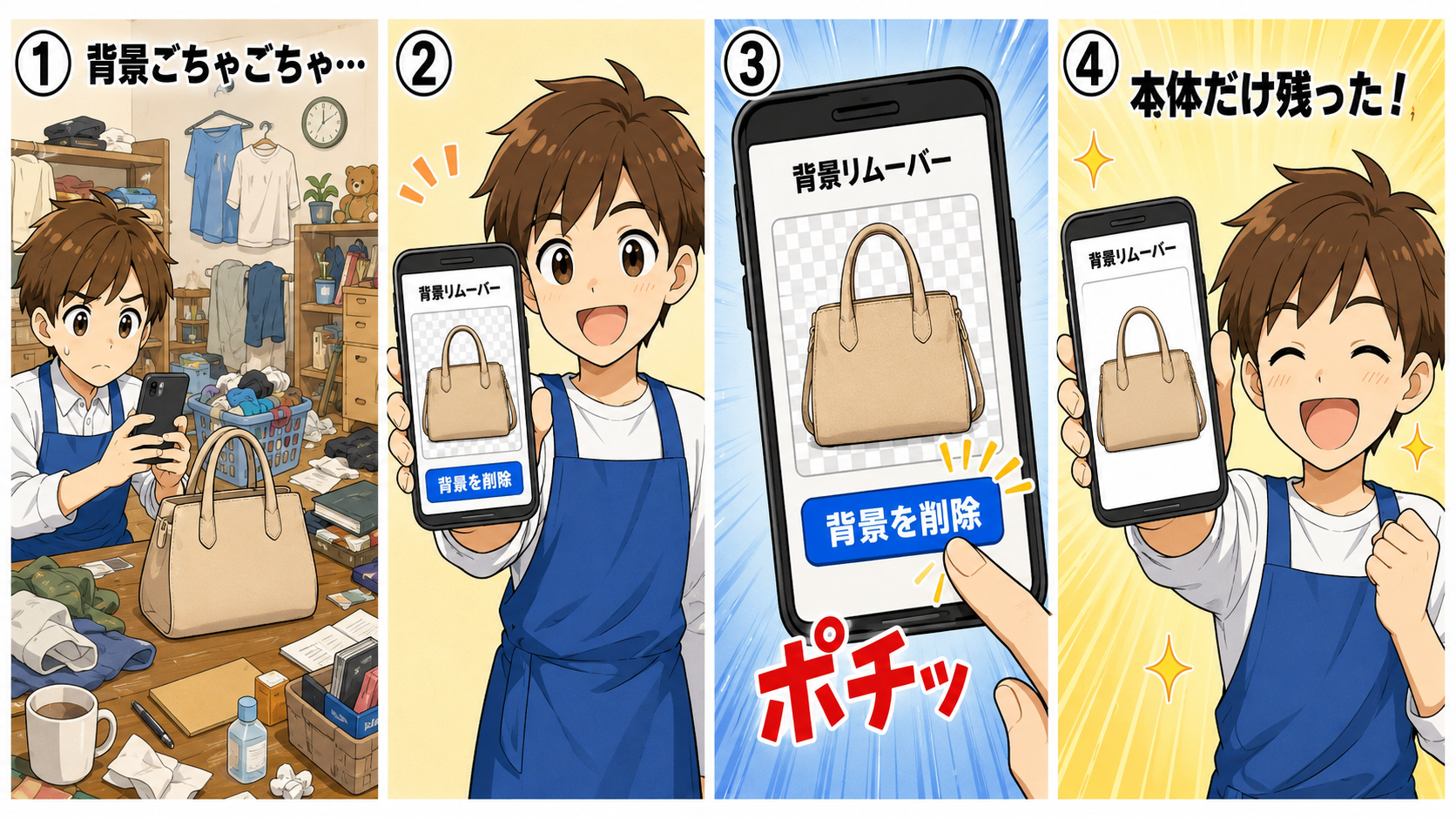 PhotoRoomで背景を白抜きする流れの4コマ漫画