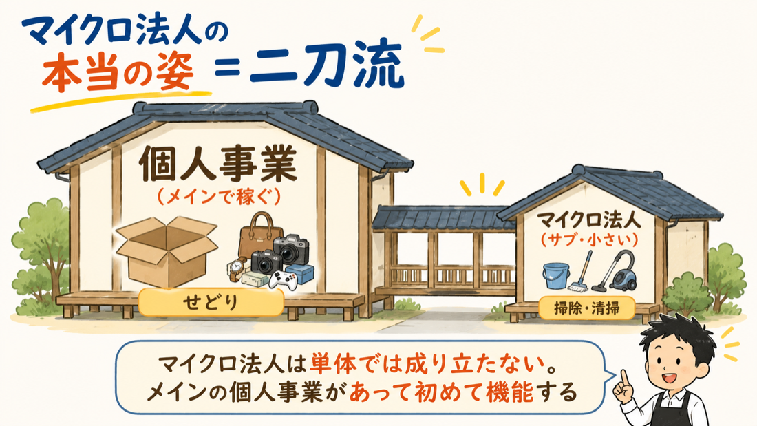 「個人事業(メインで稼ぐ・大きい)」と「マイクロ法人(サブ・小さい)」の二刀流の仕組みを、大小2つの建物と人で示した図解。個人事業が母屋、法人が離れとして描かれている