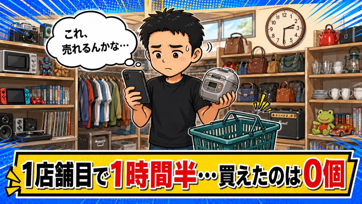 棚の前で固まる初日の僕のイラスト