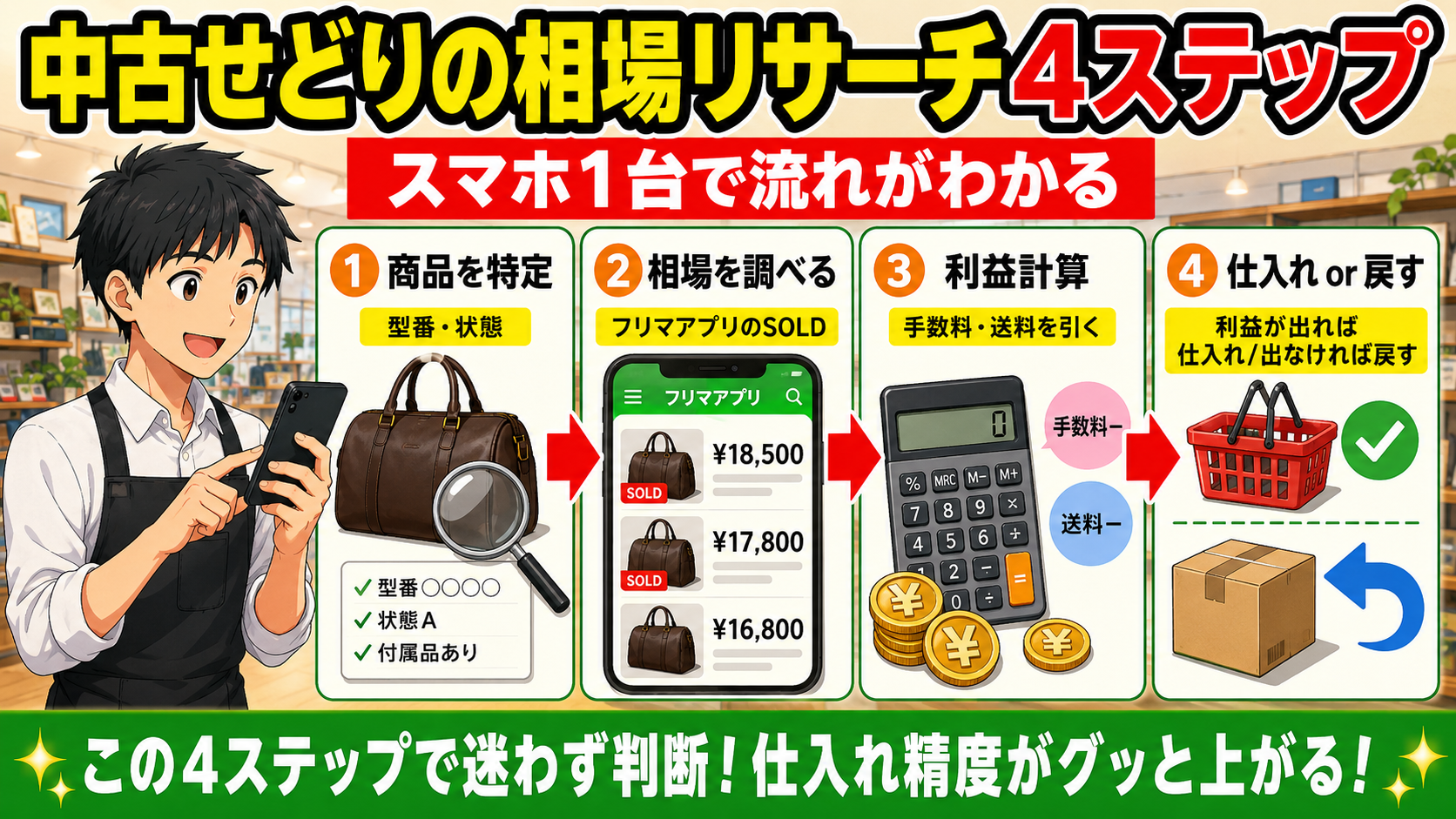 中古せどりの相場リサーチ4ステップの図解（商品特定→相場→利益計算→仕入れ判断）