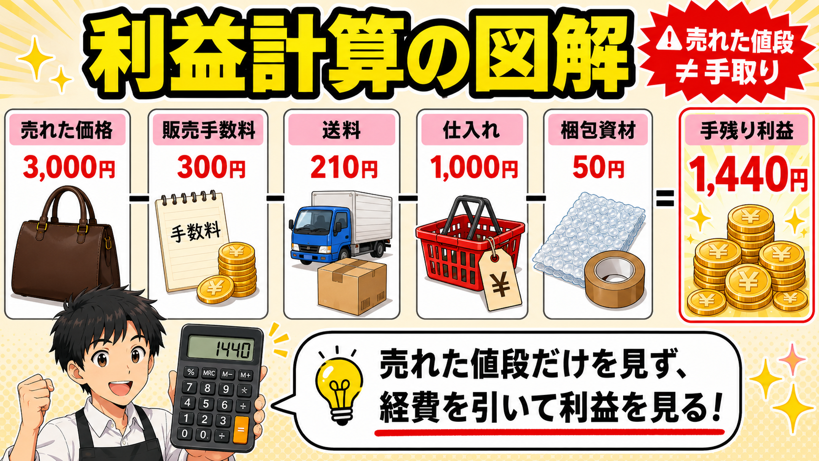 中古せどりの利益計算の図解（売れた値段≠手取り。相場3000円から経費を引いて手残り1440円）