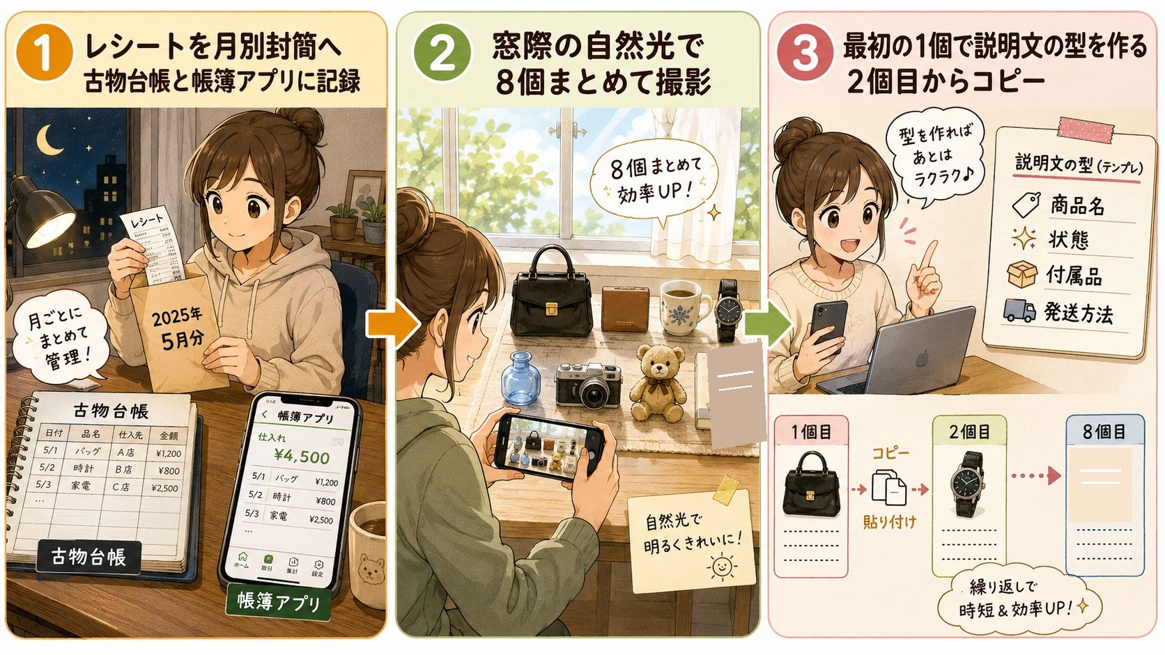 仕入れ初日の夜にやった記録・撮影・出品の3ステップの図解