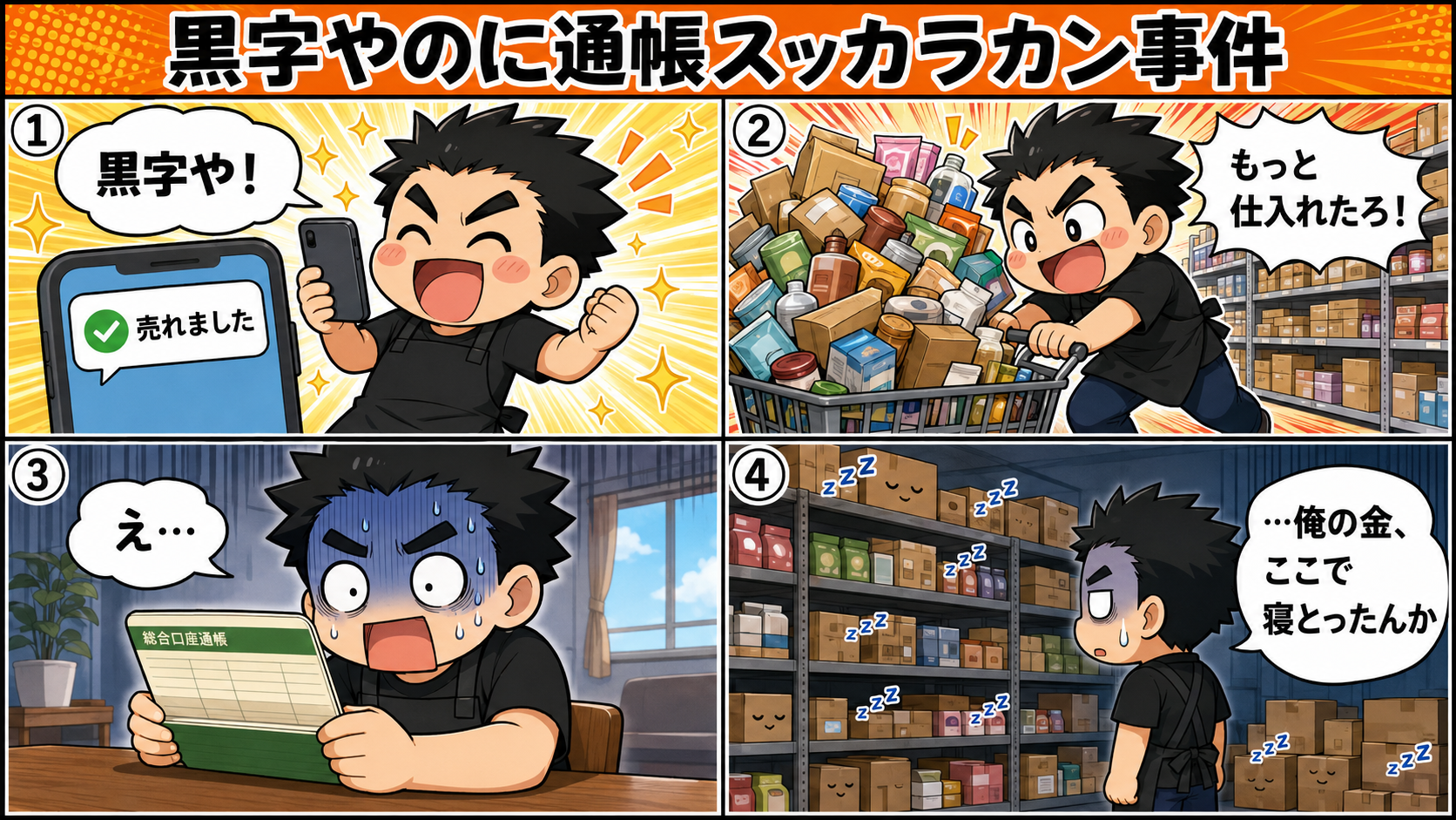 4コマ漫画「黒字やのに通帳スッカラカン事件」：売れて大喜び→爆仕入れ→引き落とし日に青ざめ→在庫の山が寝てるお金だったと気づく僕
