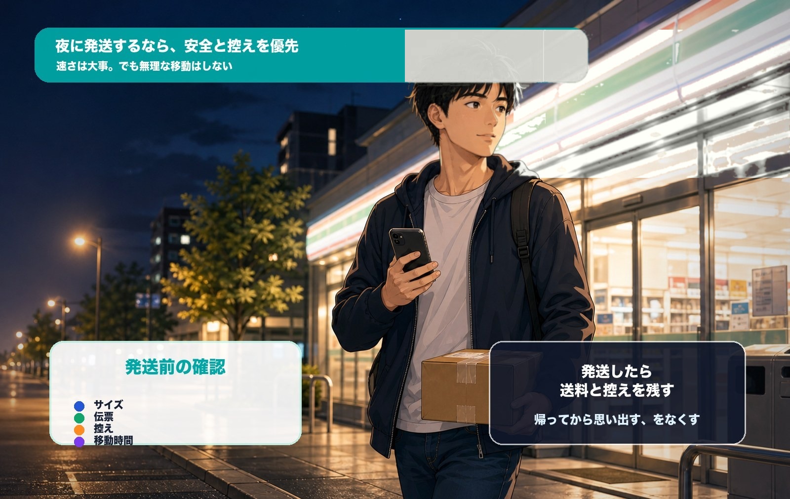 中古せどりで夜にコンビニ発送へ向かう場面