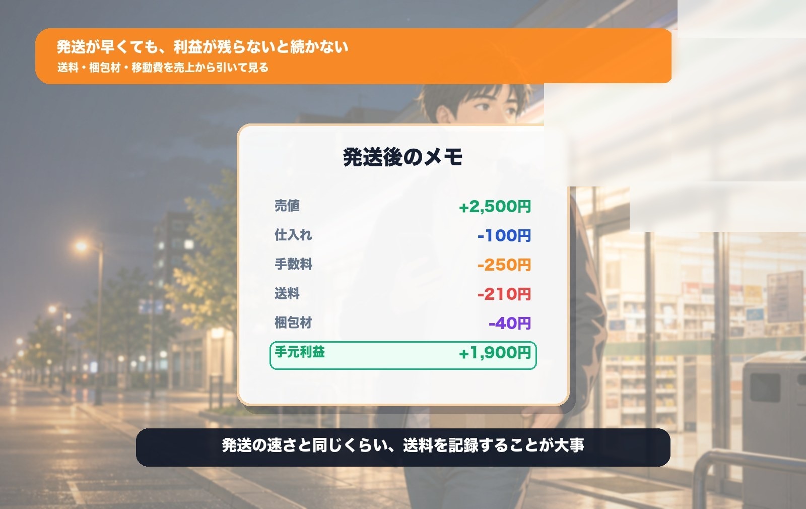 中古せどりで発送後に送料と利益を記録する図解