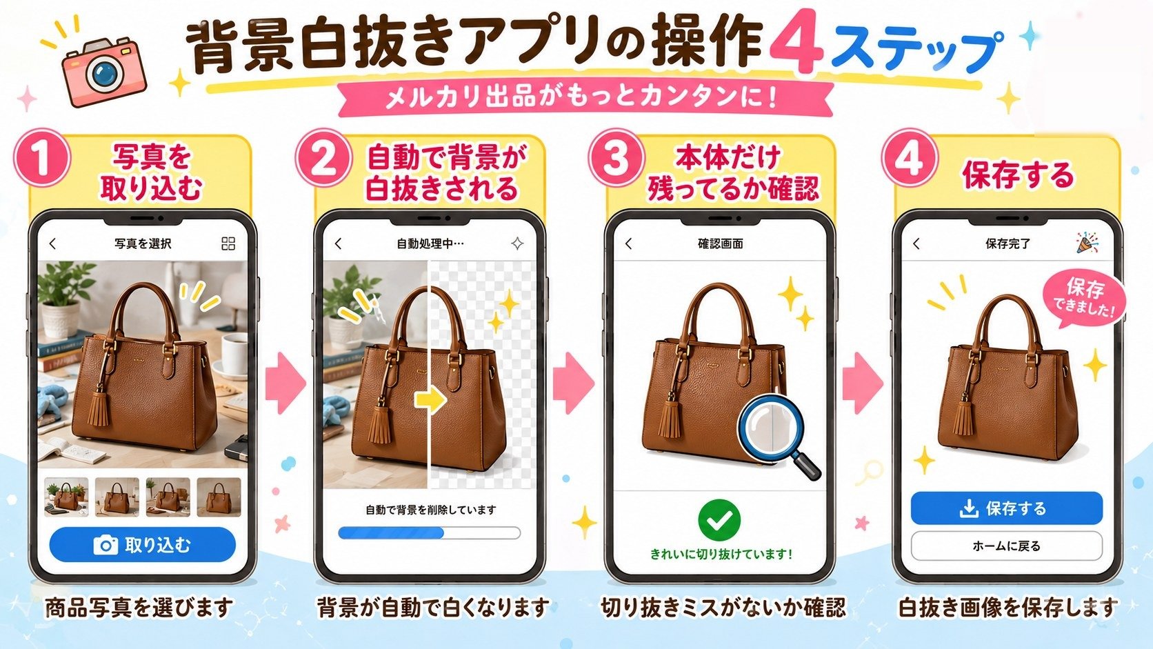 PhotoRoom白抜きの操作4ステップ図解