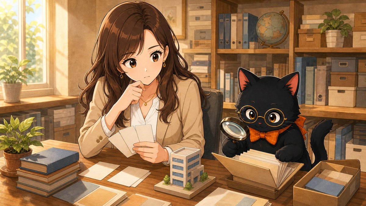 少ない口コミと会社情報を分けて確認するナビ子と、資料を調べるクロタ先生
