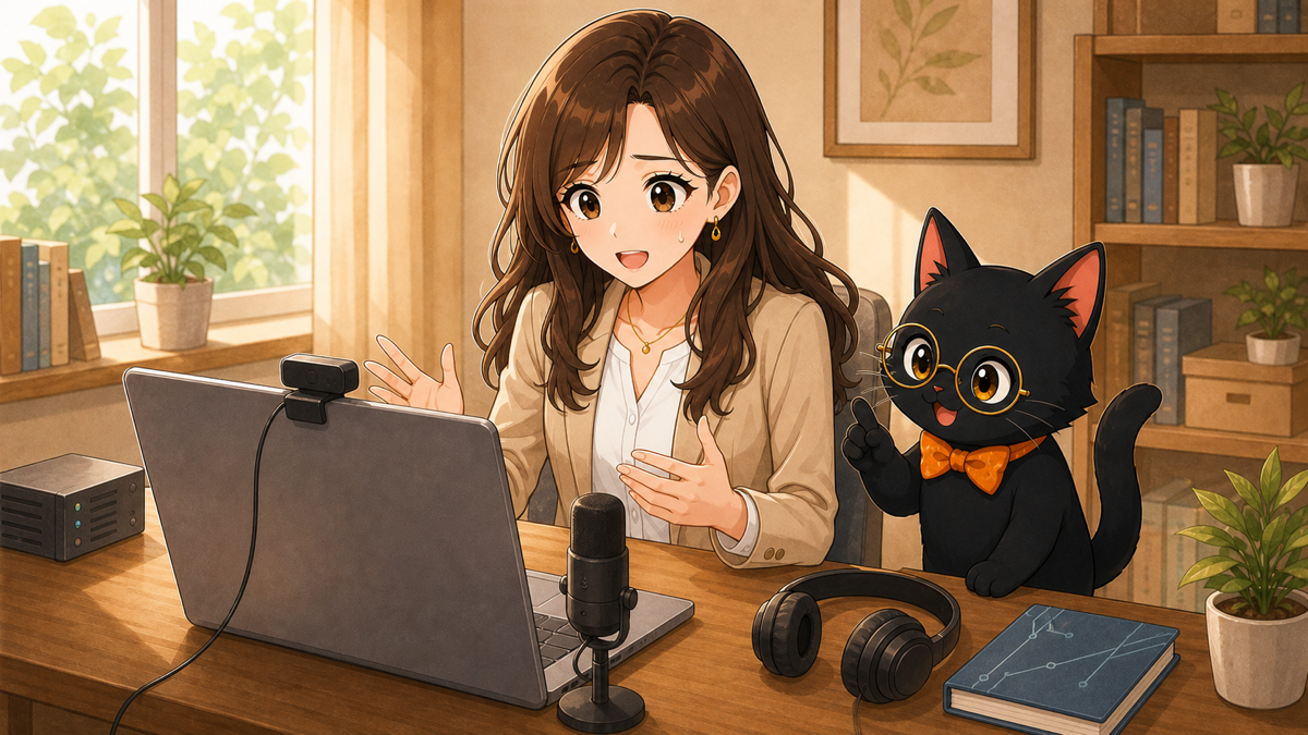Webカメラを使った模擬面接で、クロタ先生から姿勢の助言を受けるナビ子